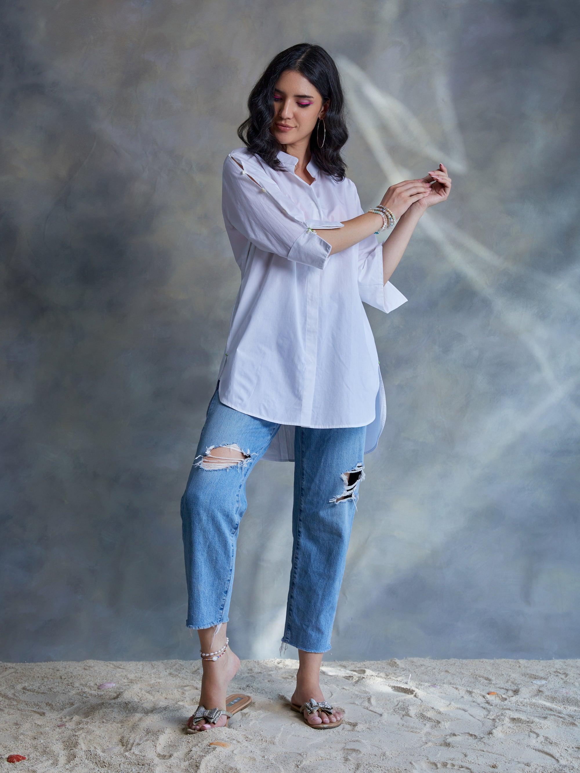 White Poplin Shirt With Shell Beading - Kapaas