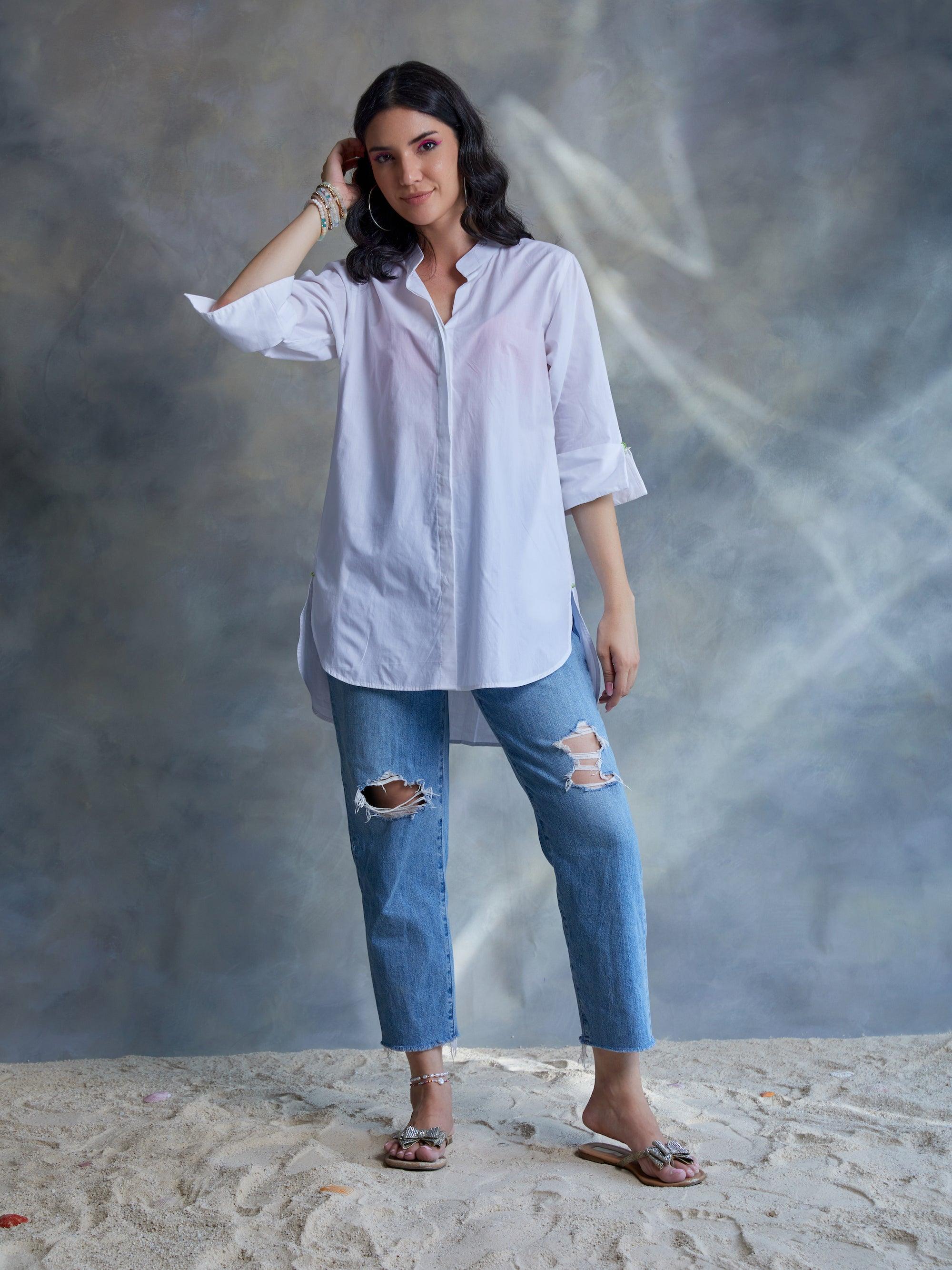 White Poplin Shirt With Shell Beading - Kapaas