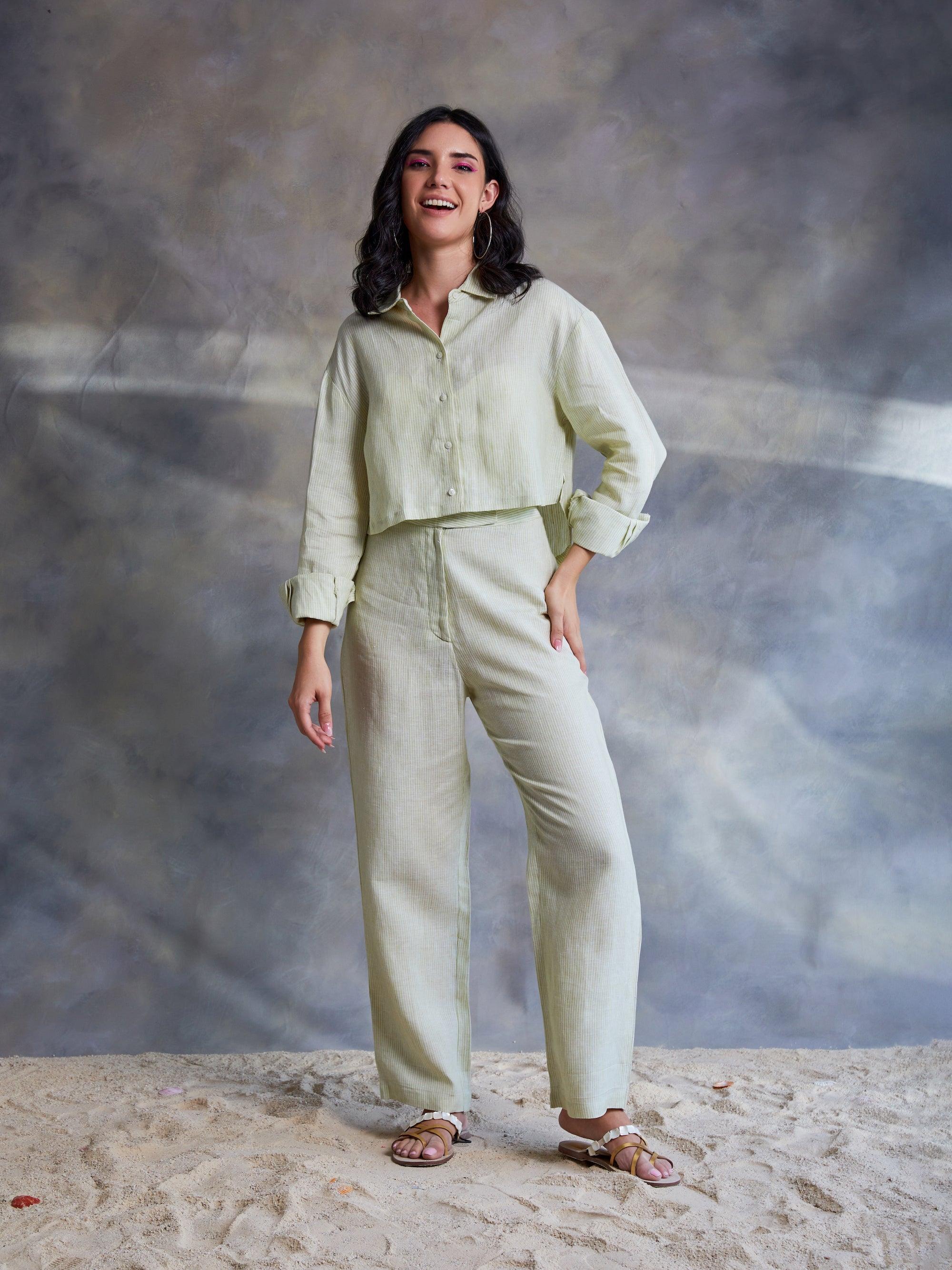 Lime Green Pinstripe Linen Pant - Kapaas