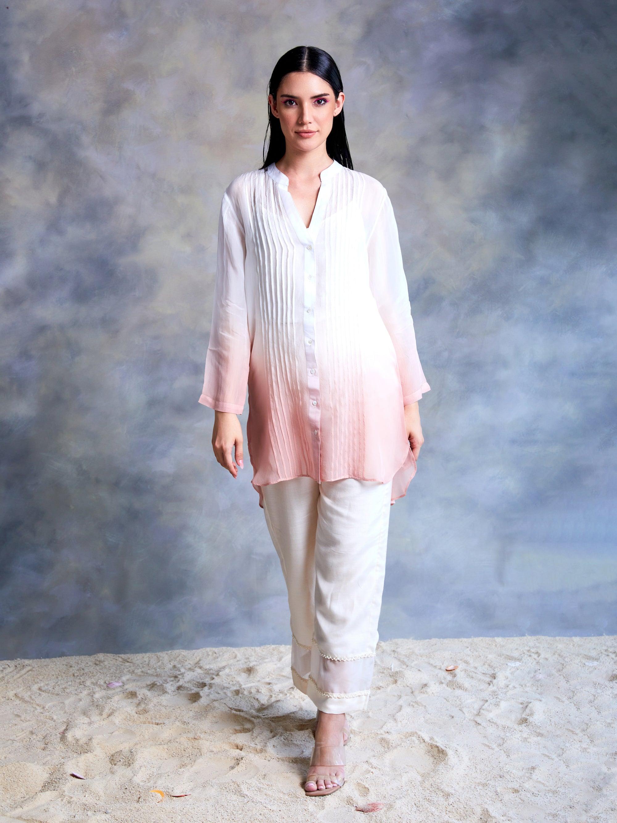 Light Pink Ombre Pintuck Kurta with Cotton Slip - Kapaas