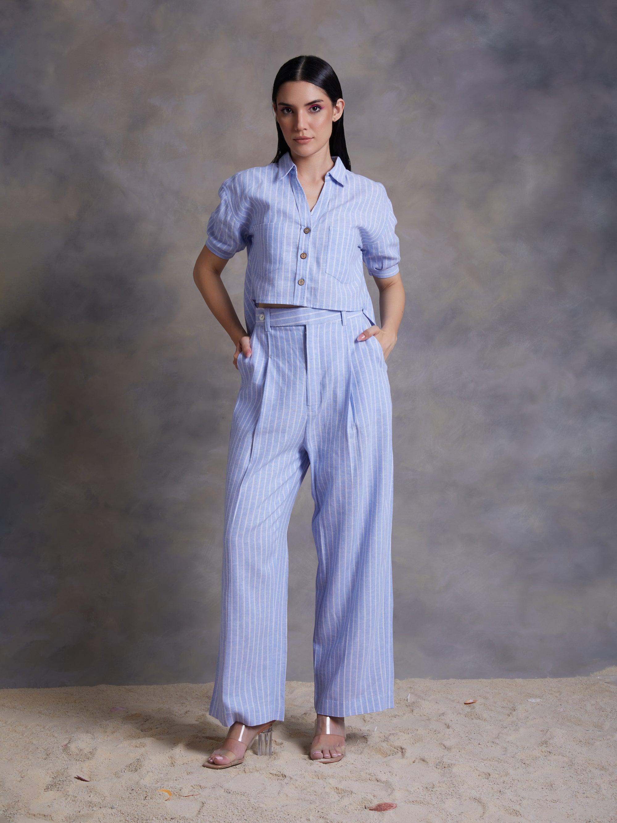Sky Blue Pinstripe Linen Crop Top - Kapaas