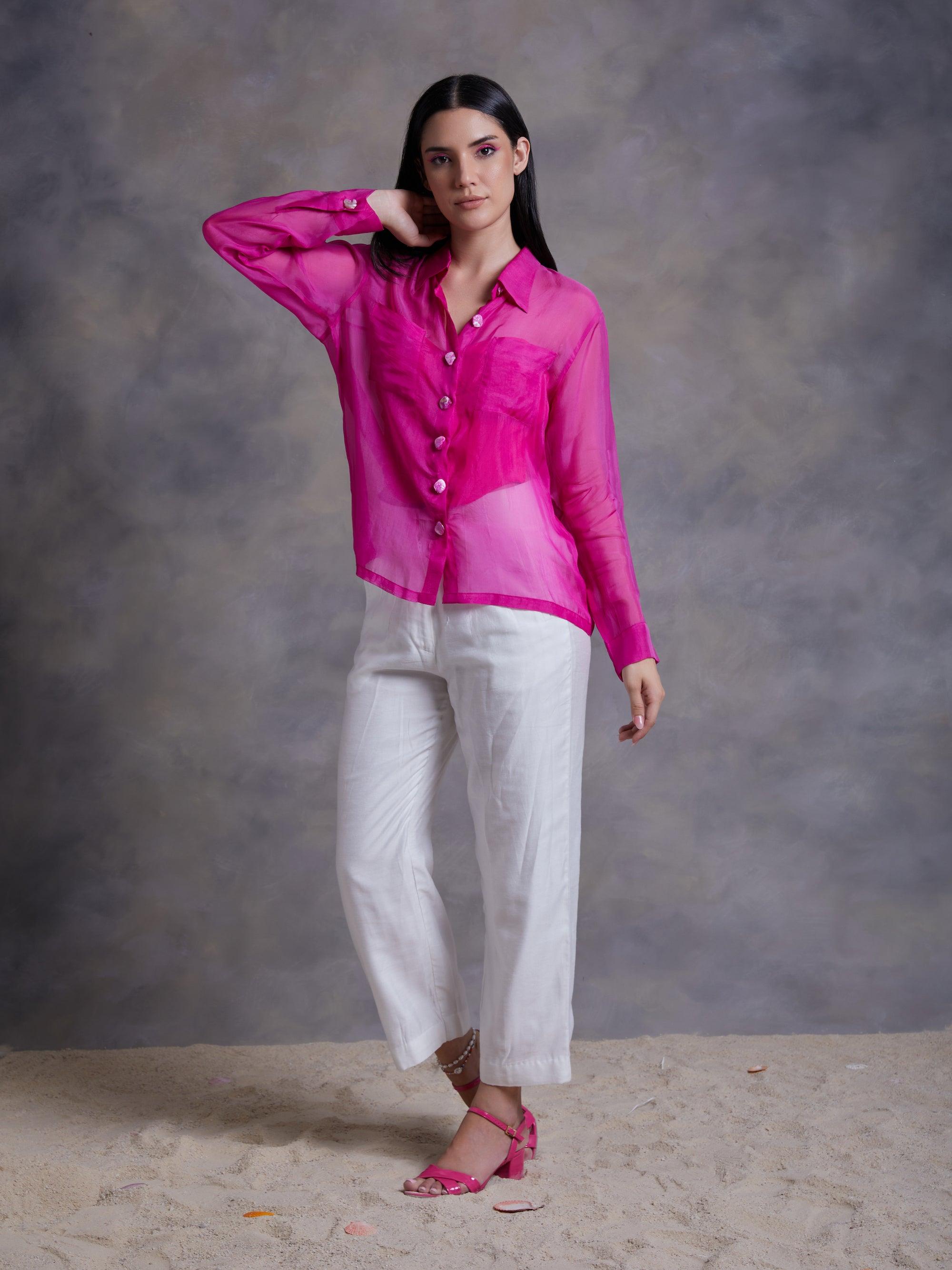 Fuchsia Organza Shirt With Shell Buttons - Kapaas