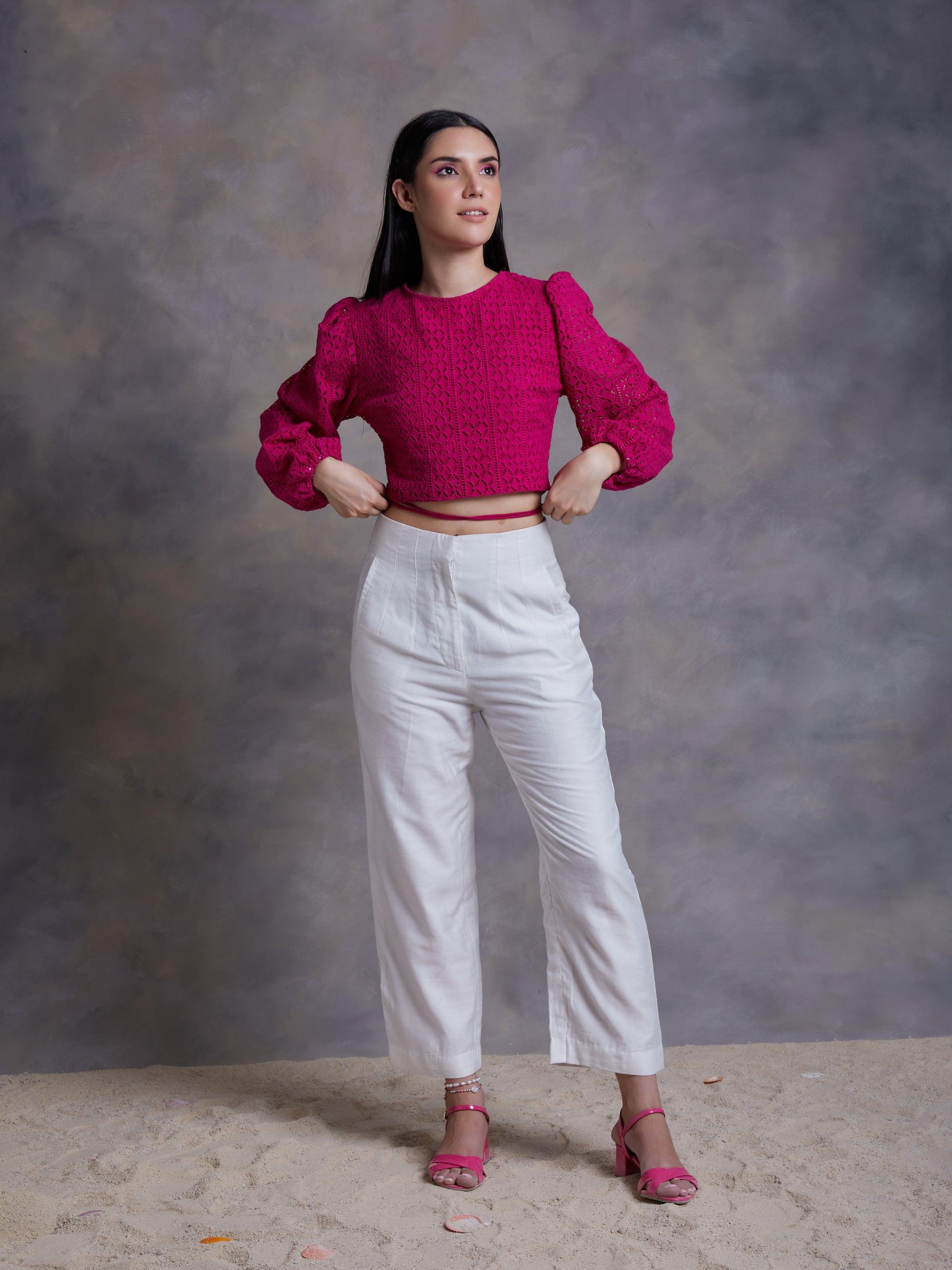 Fuchsia Cut Work Schiffli Crop top - Kapaas