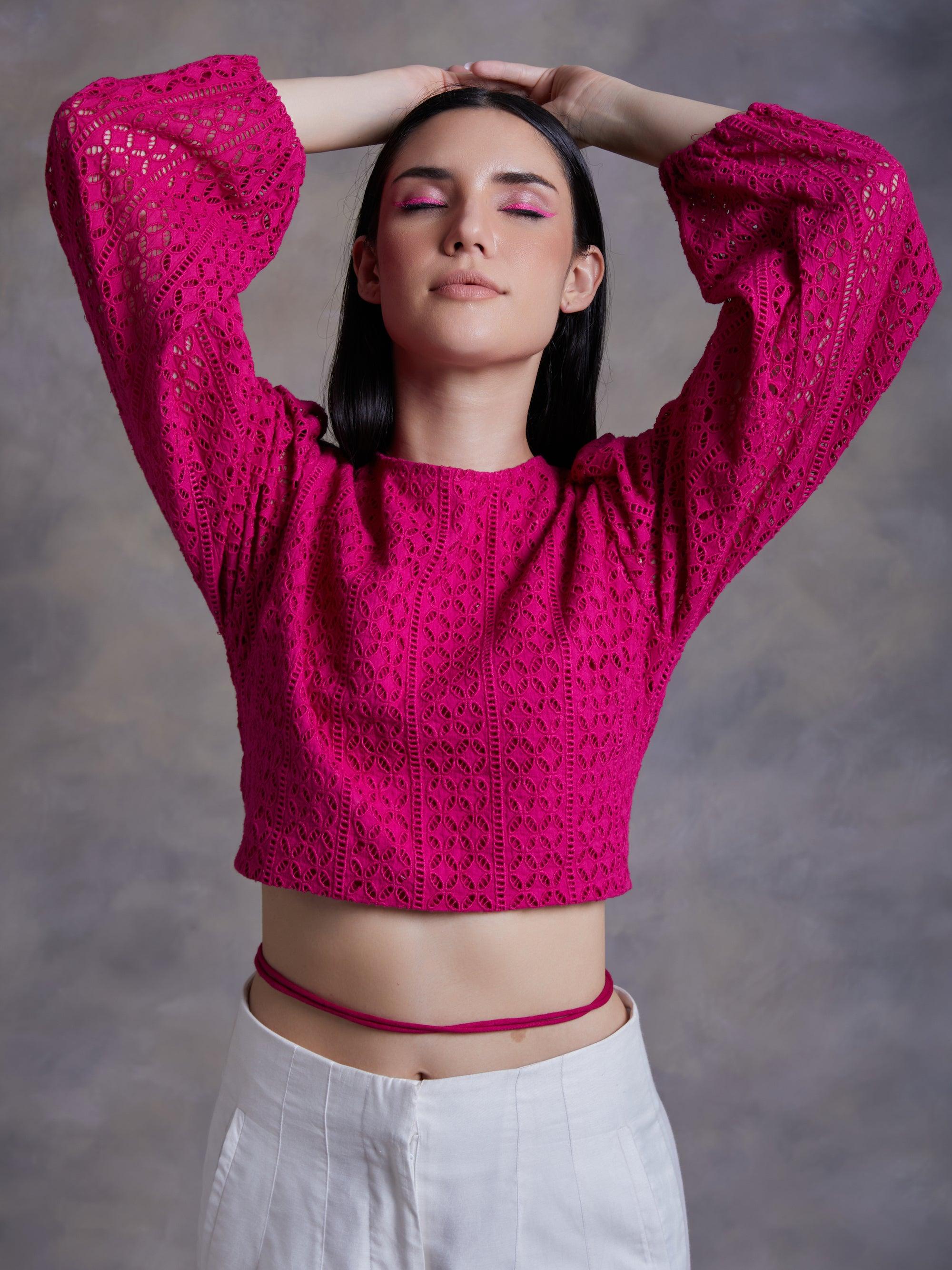 Fuchsia Cut Work Schiffli Crop top - Kapaas