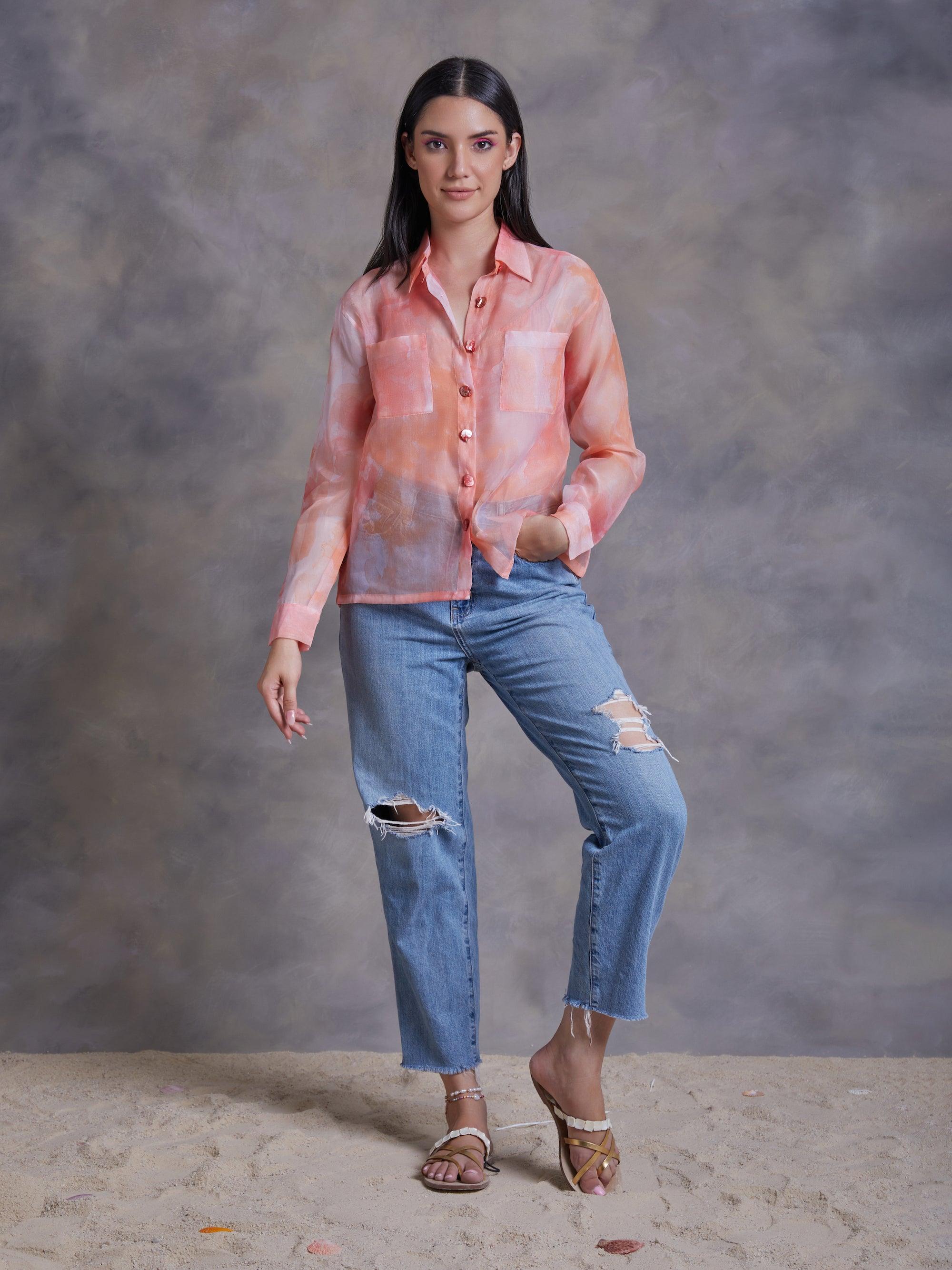 Peach Abstract Texture Print Organza Shirt - Kapaas