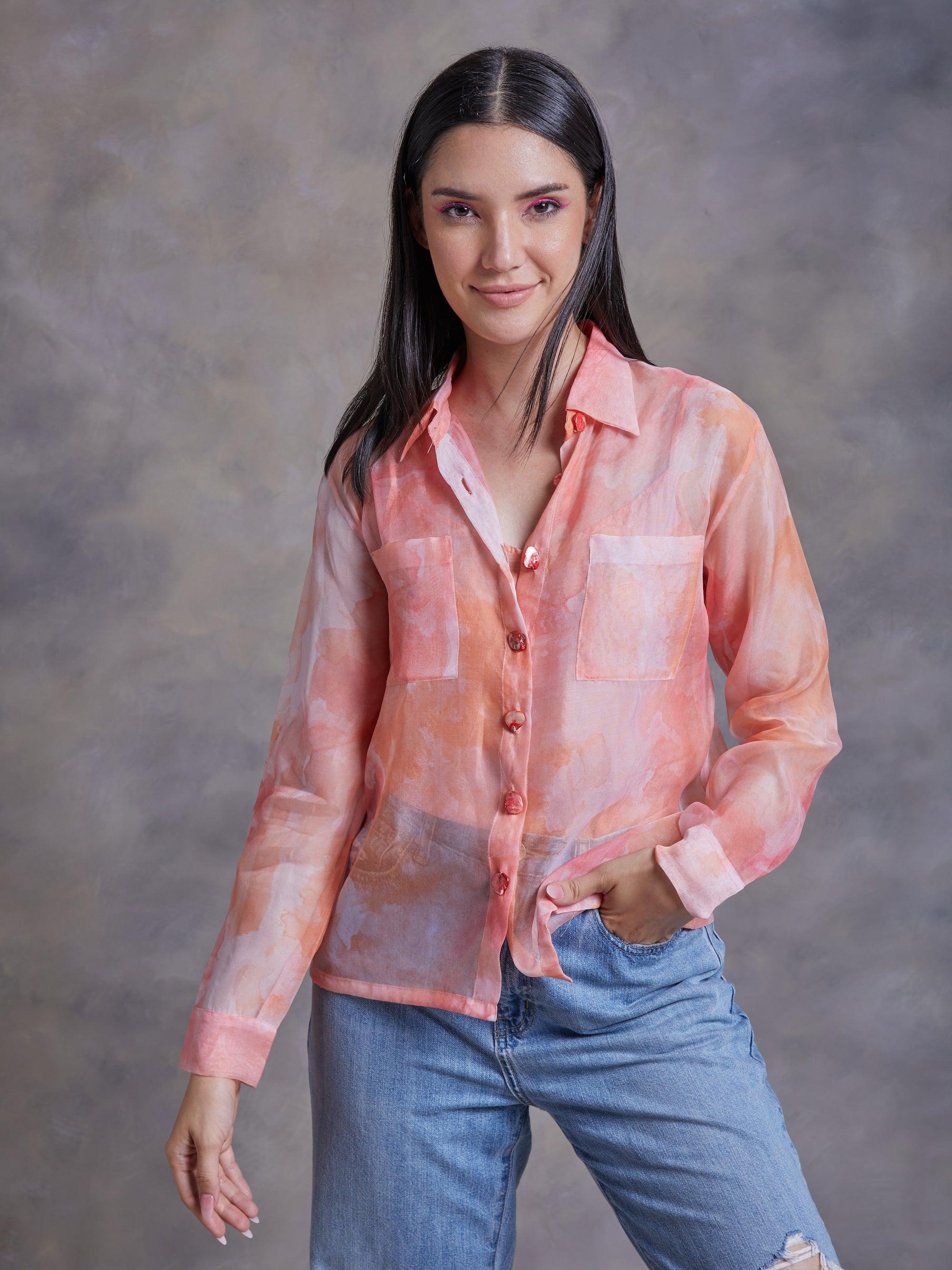 Peach Abstract Texture Print Organza Shirt - Kapaas