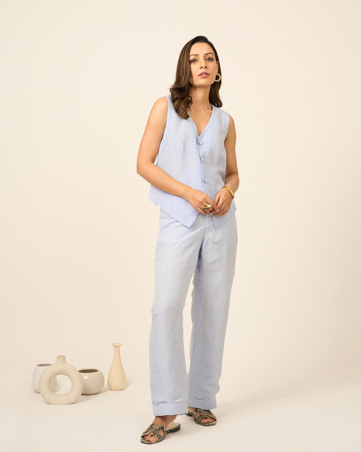Sky Blue Linen Vest and Pants Set
