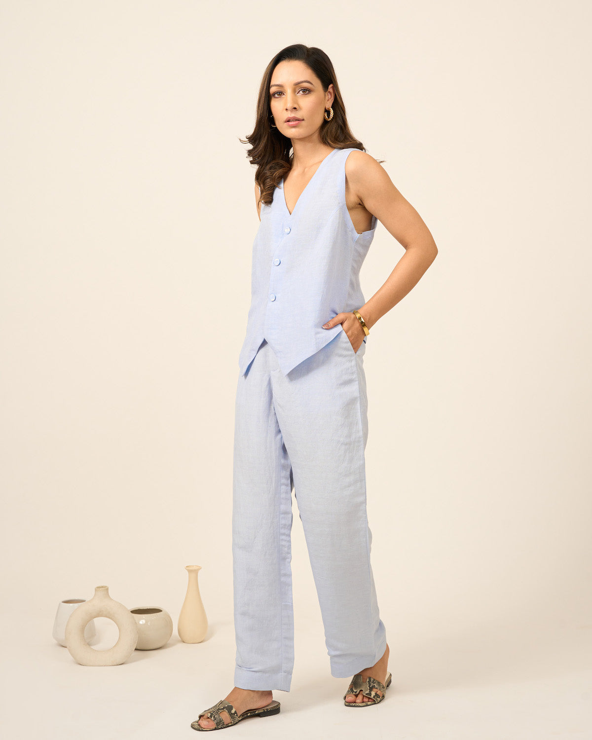 Sky Blue Linen Vest and Pants Set