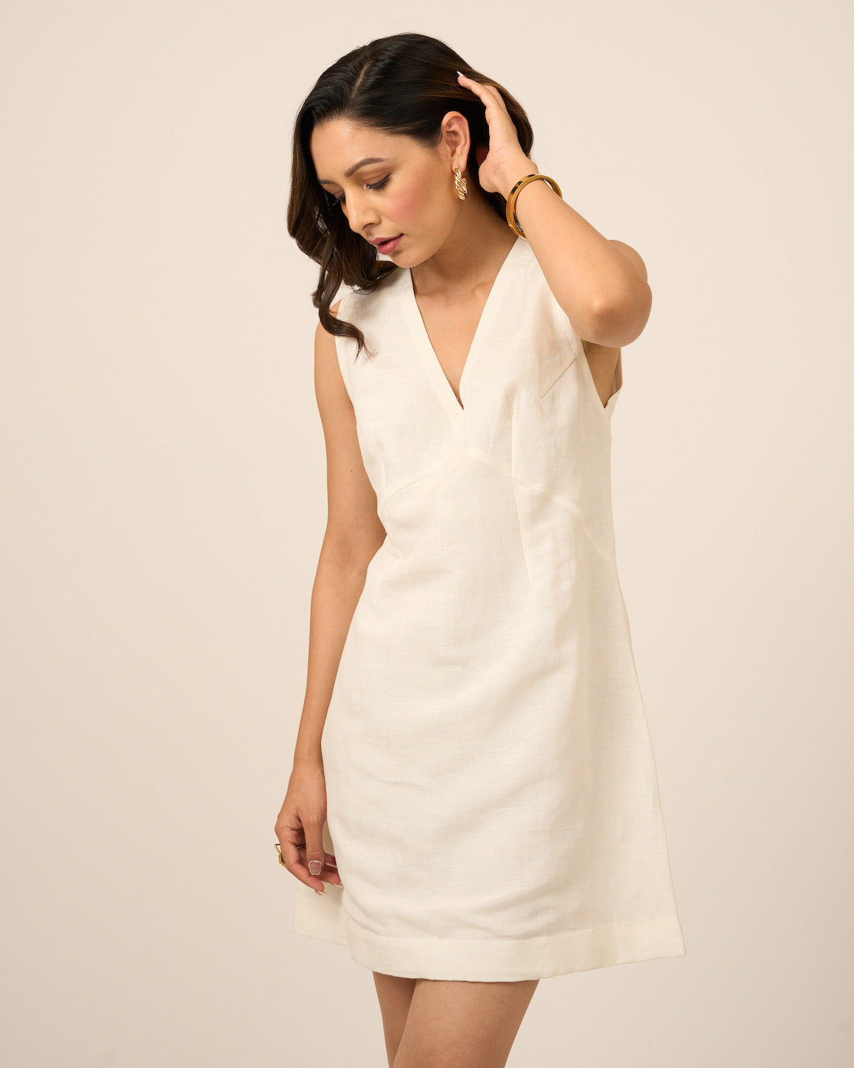 Ivory V Neck Linen Dress