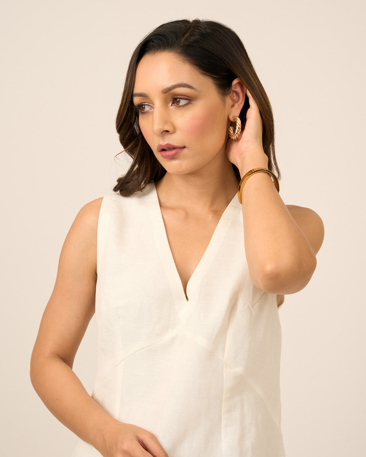 Ivory V Neck Linen Dress