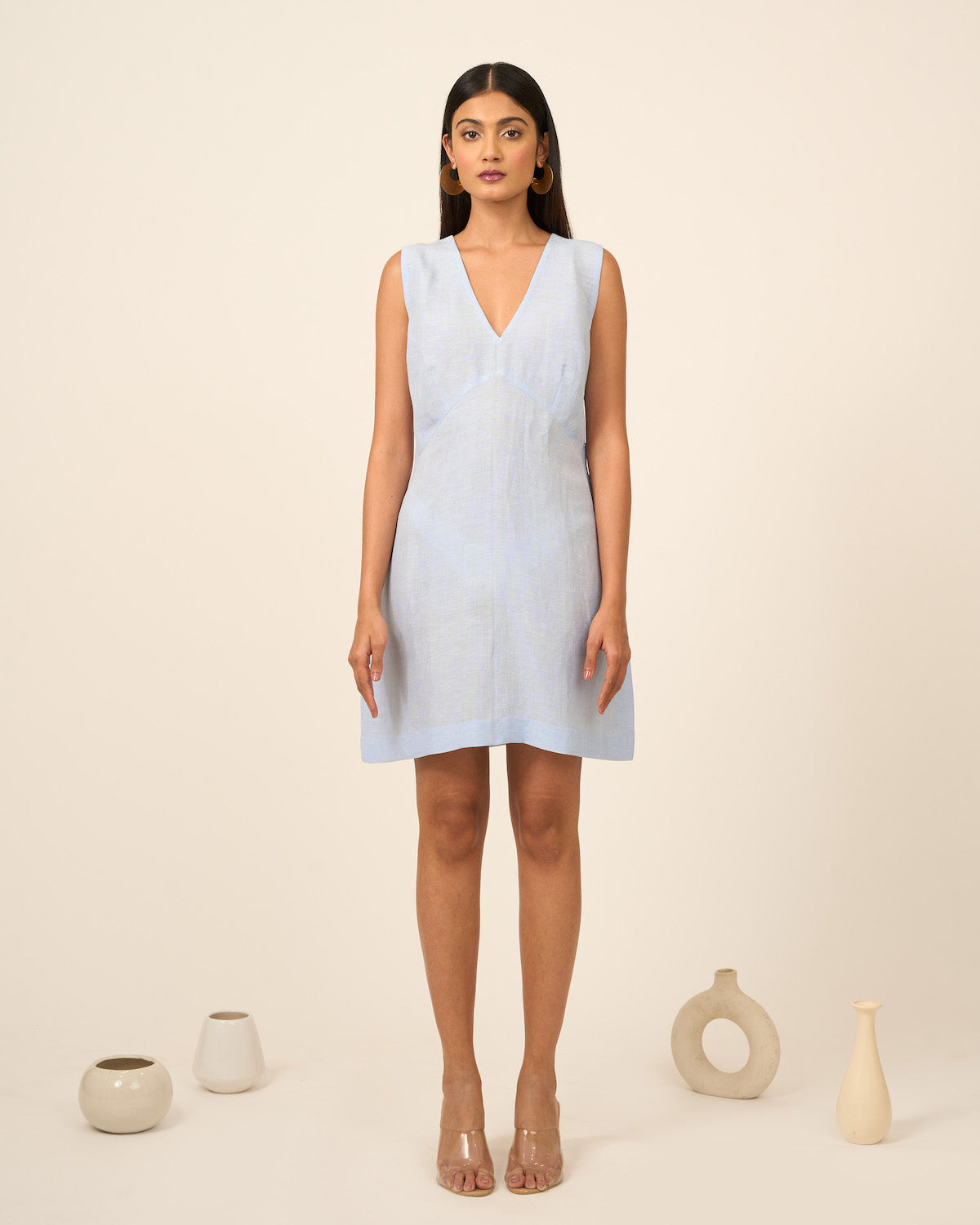 Sky Blue V Neck Linen Dress