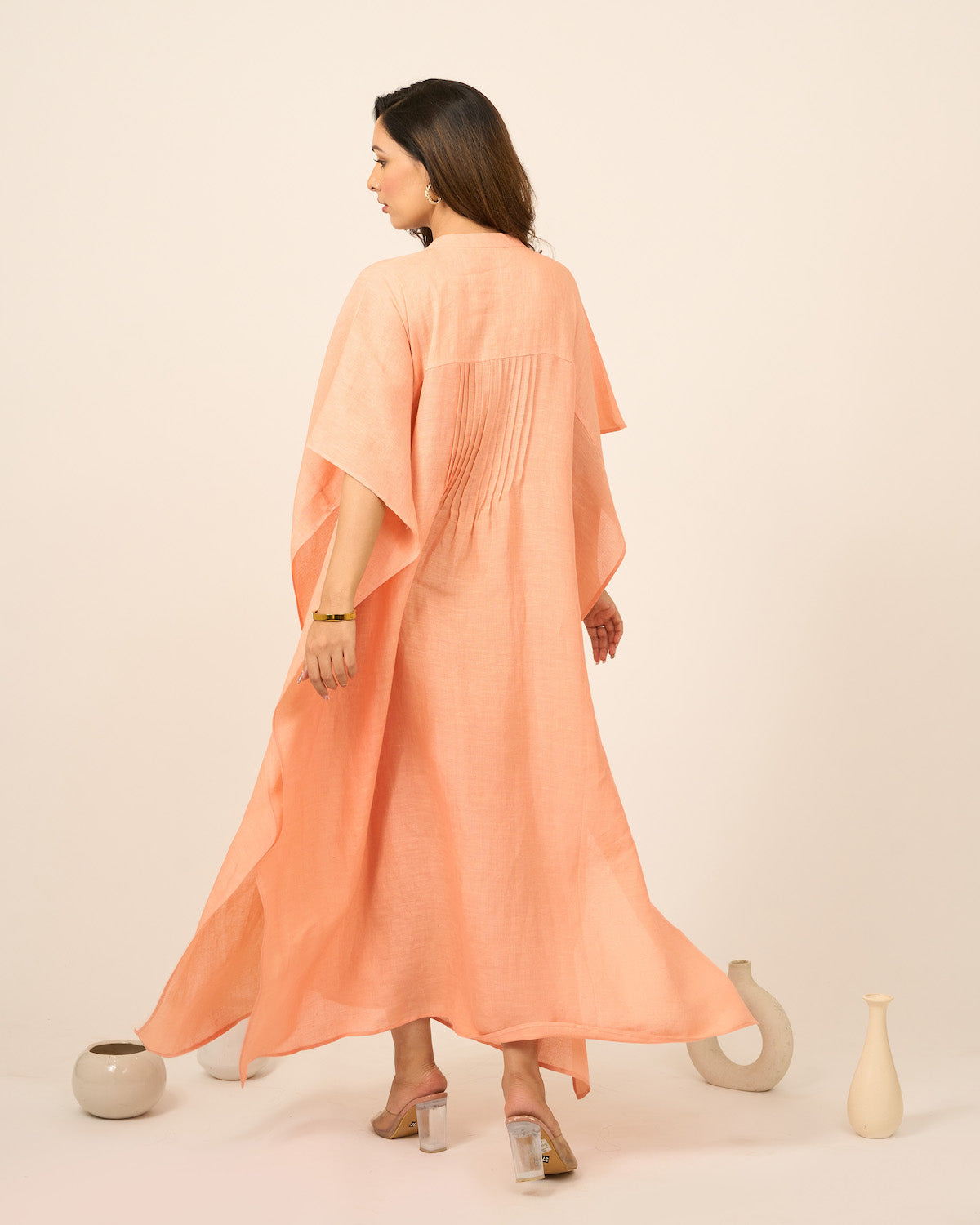 Salmon Pink Linen Kaftan with Pintucks