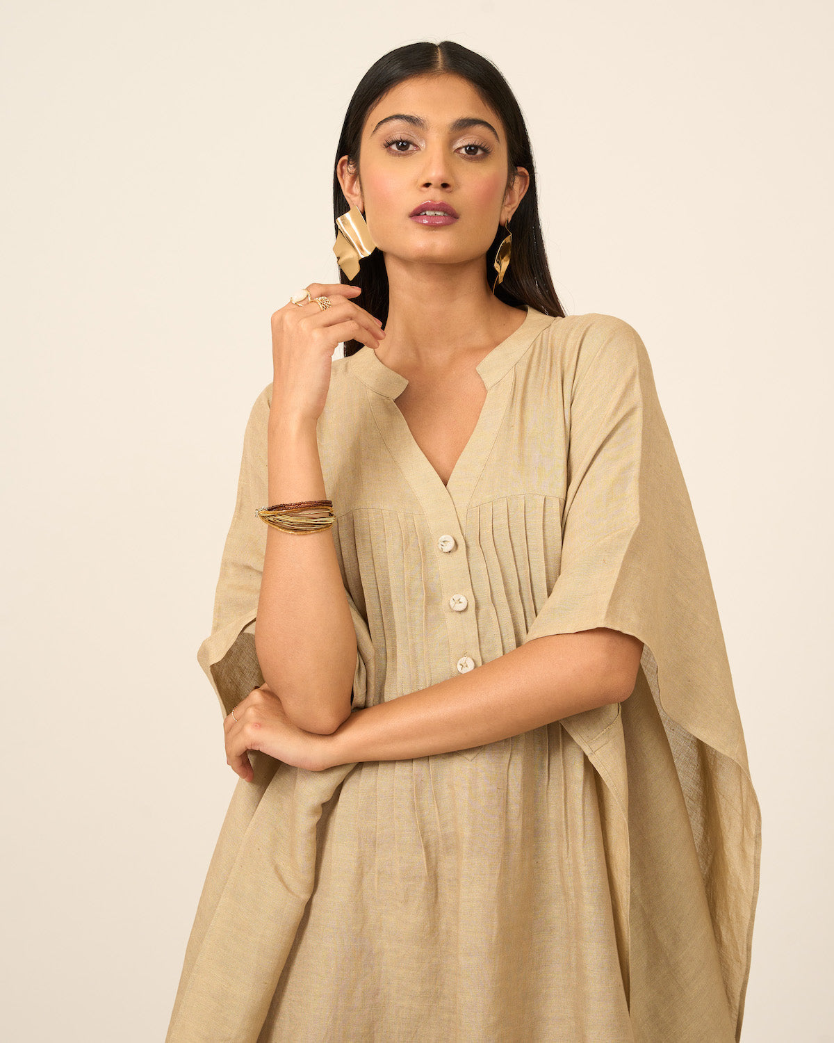 Sand Linen Kaftan with Pintucks