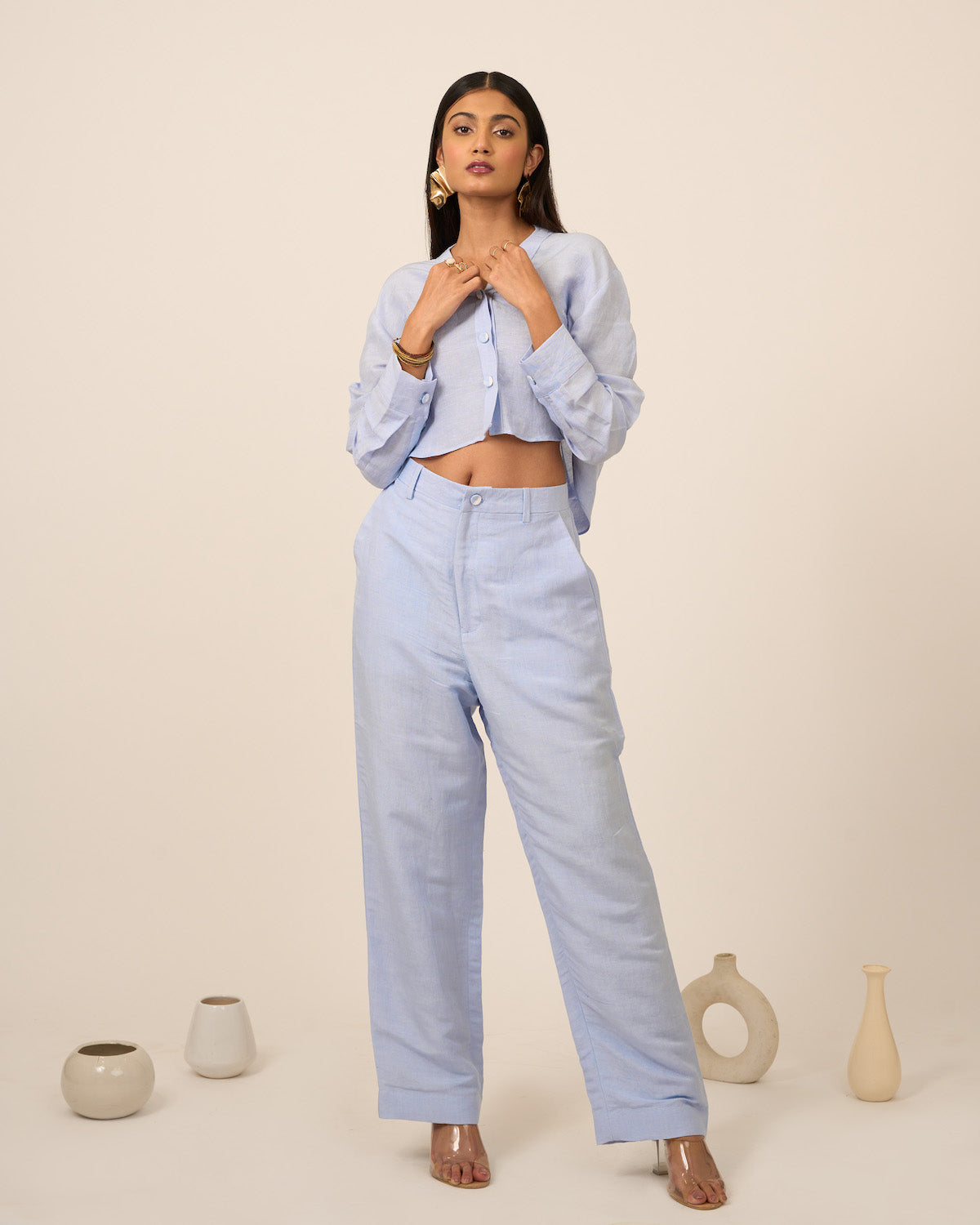 Sky Blue Linen Crop Top and Pants Set