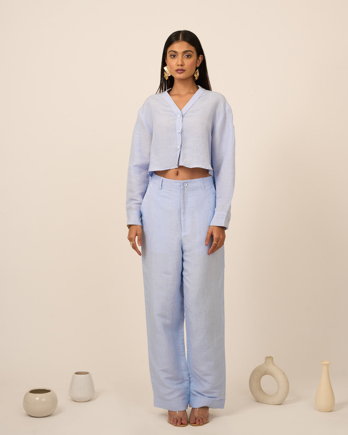 Sky Blue Linen Crop Top and Pants Set
