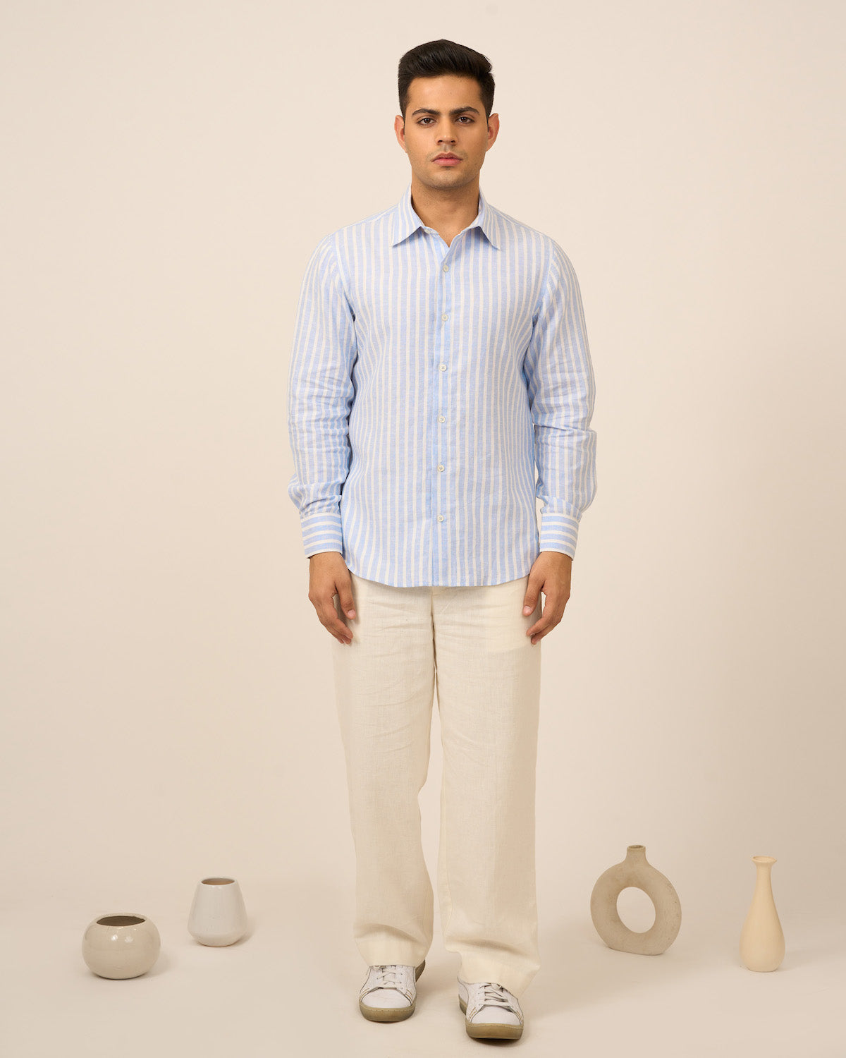 Blue White Striped Linen Men's Shirt