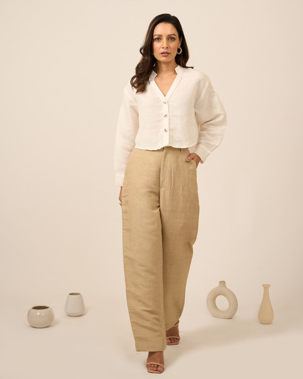 Ivory Linen Crop Top and Pants Set