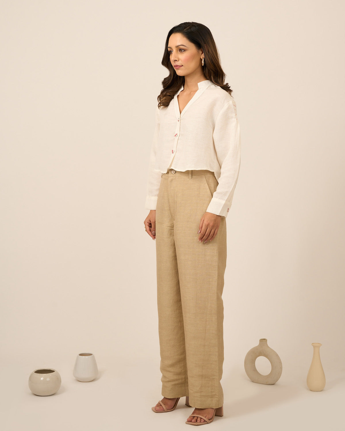 Ivory Linen Crop Top and Pants Set