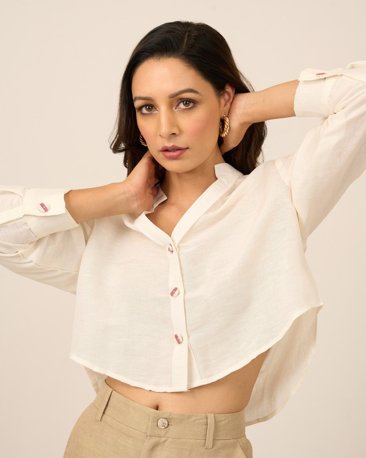 Ivory Linen Crop Top and Pants Set