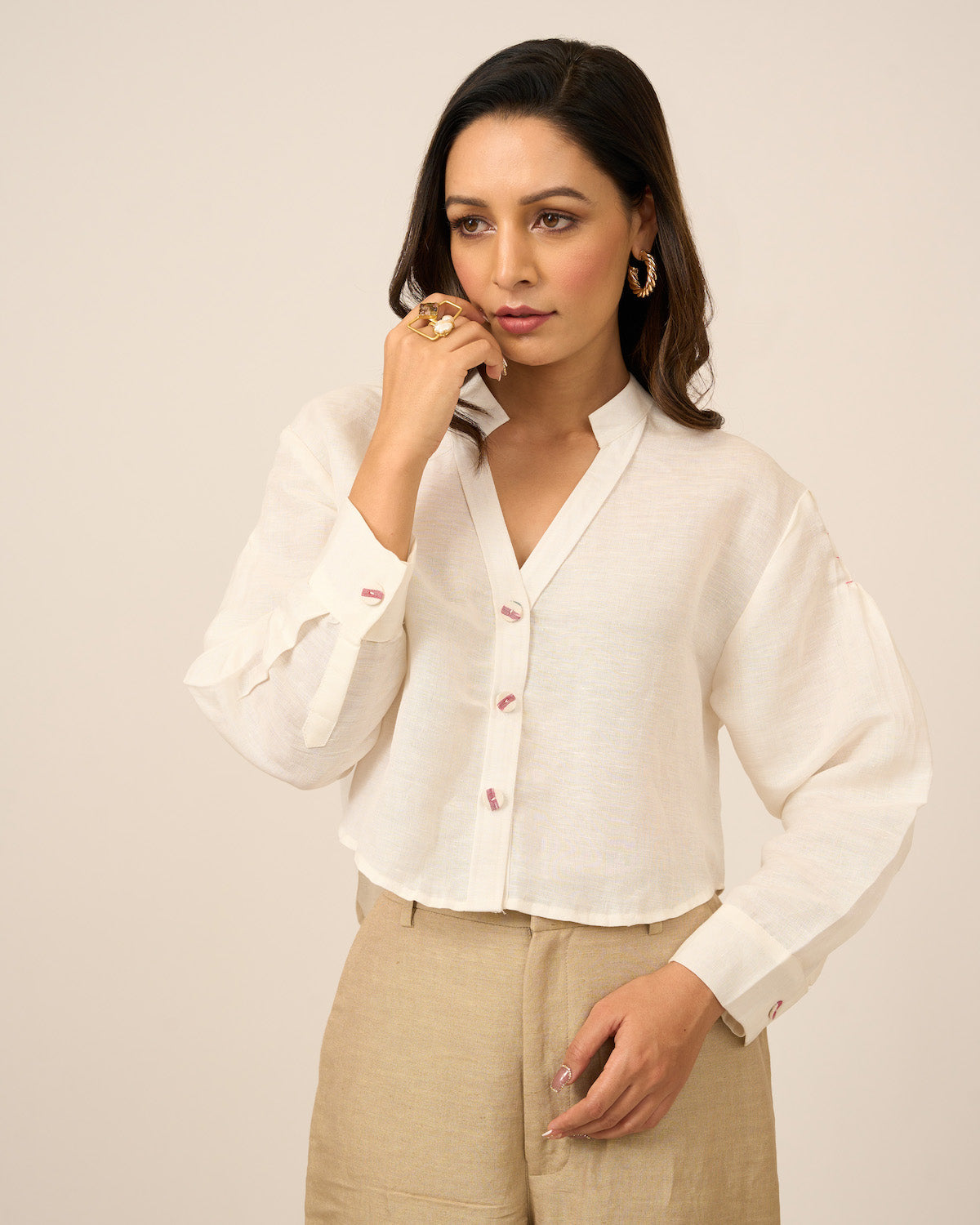 Ivory Linen Crop Top and Pants Set