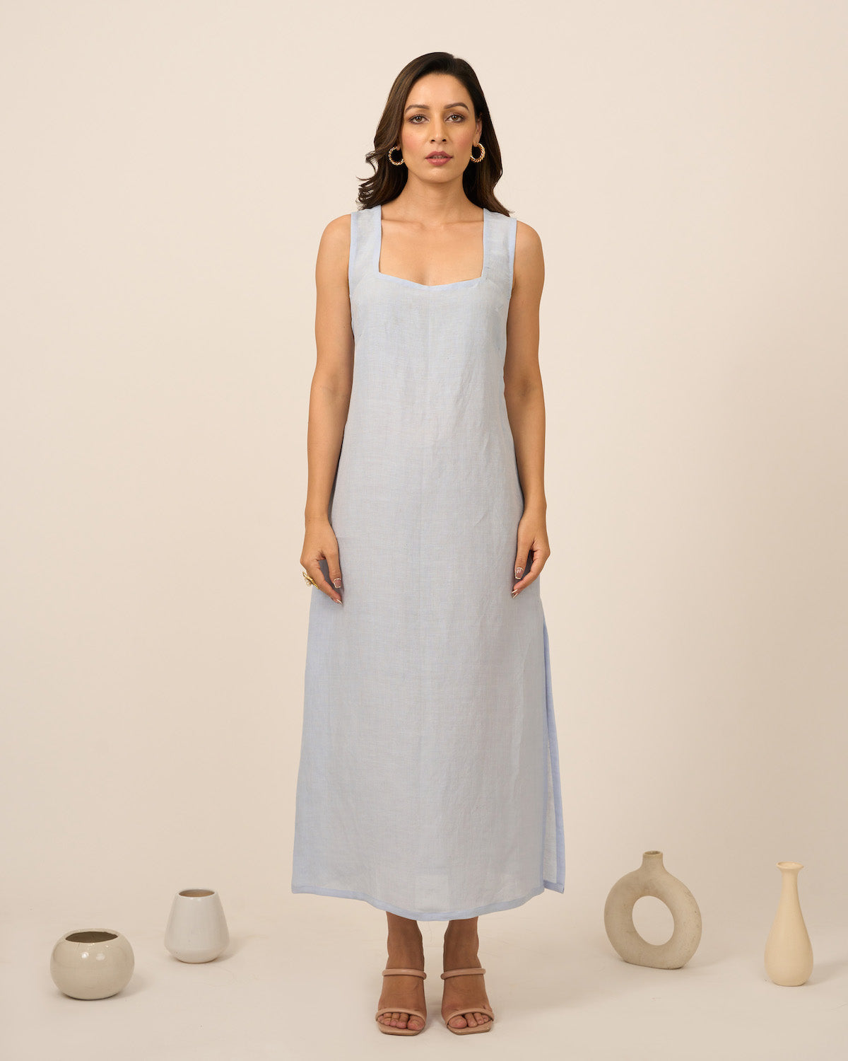 Sky Blue Linen Midi Dress with side slit