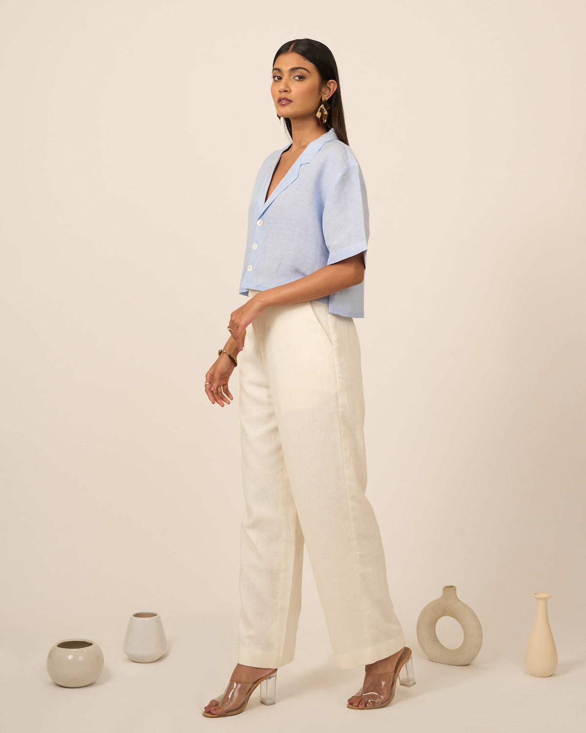 Powder Blue Coat Collar Linen Crop Top