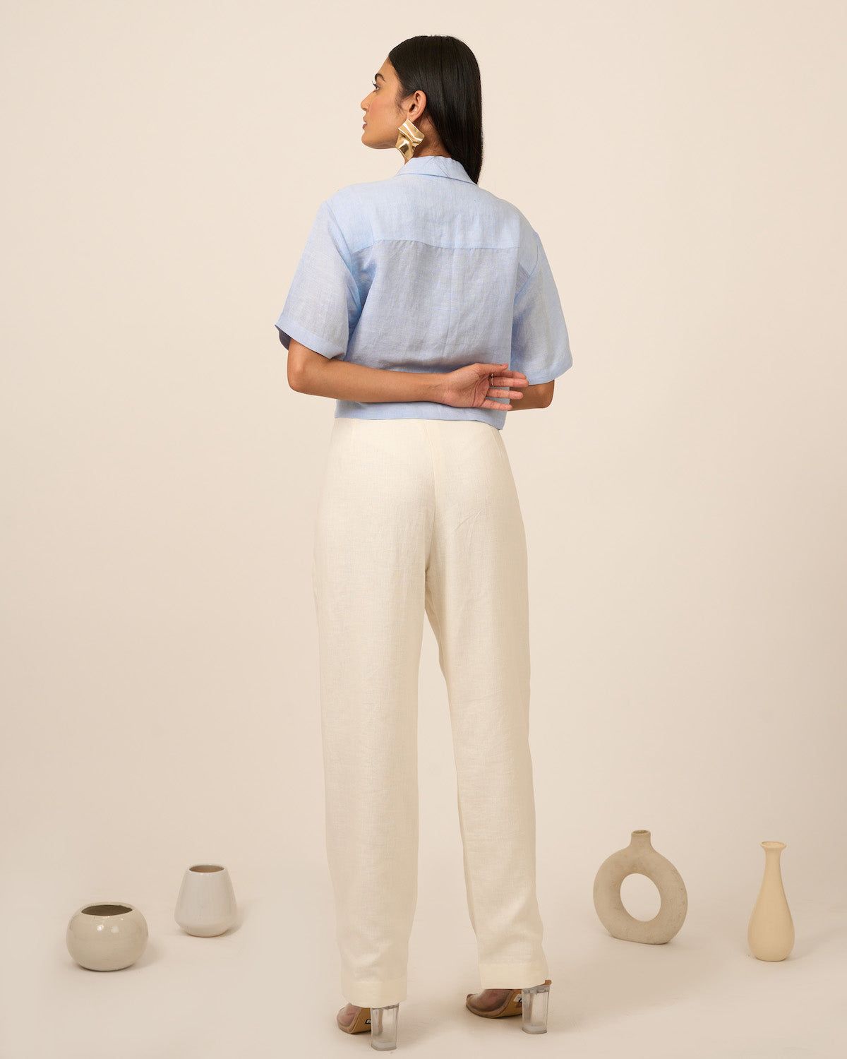 Powder Blue Coat Collar Linen Crop Top