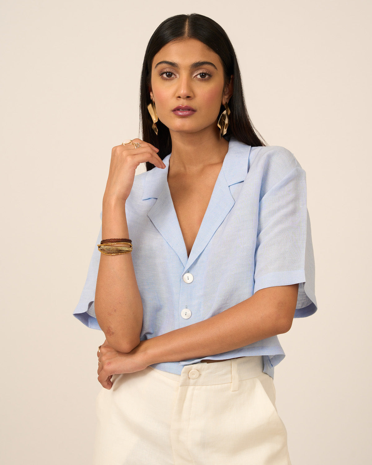 Powder Blue Coat Collar Linen Crop Top