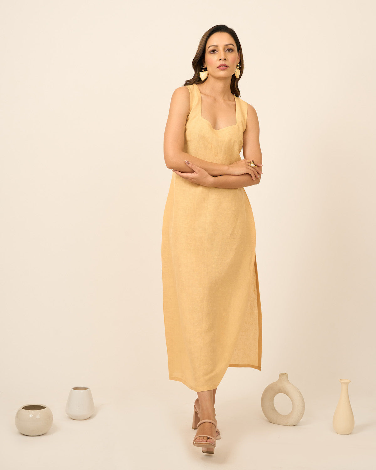 Yellow Linen Midi Dress with side slit