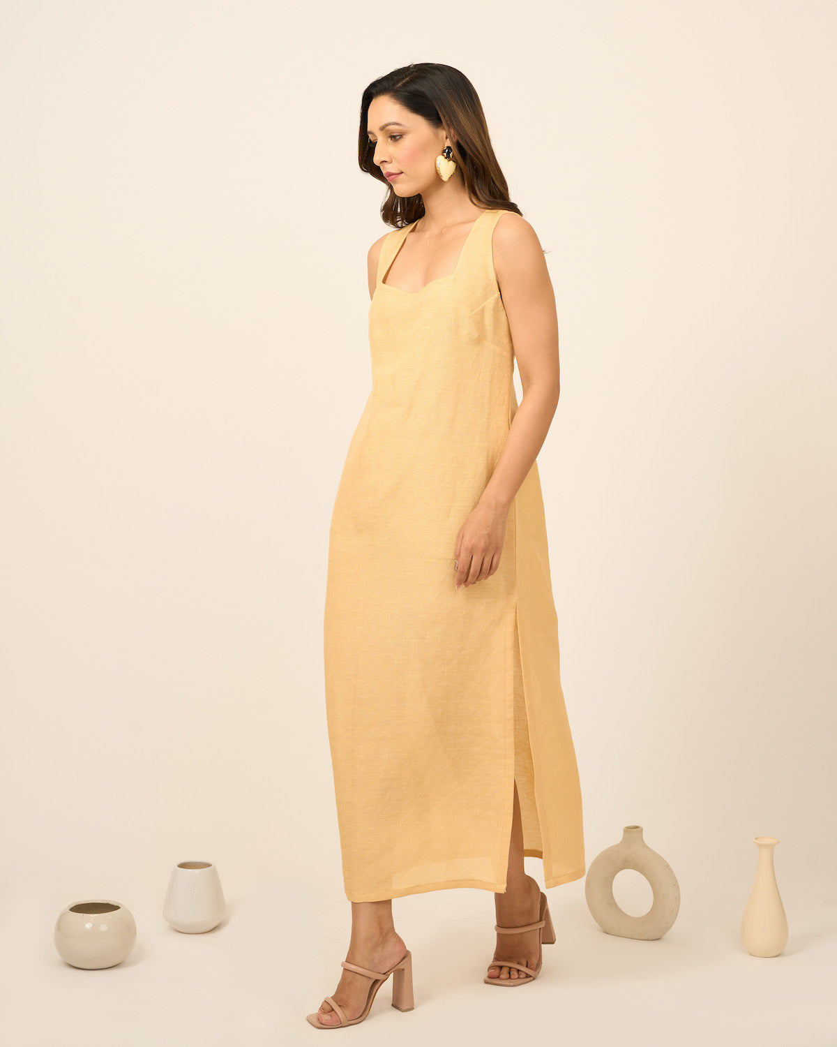 Yellow Linen Midi Dress with side slit