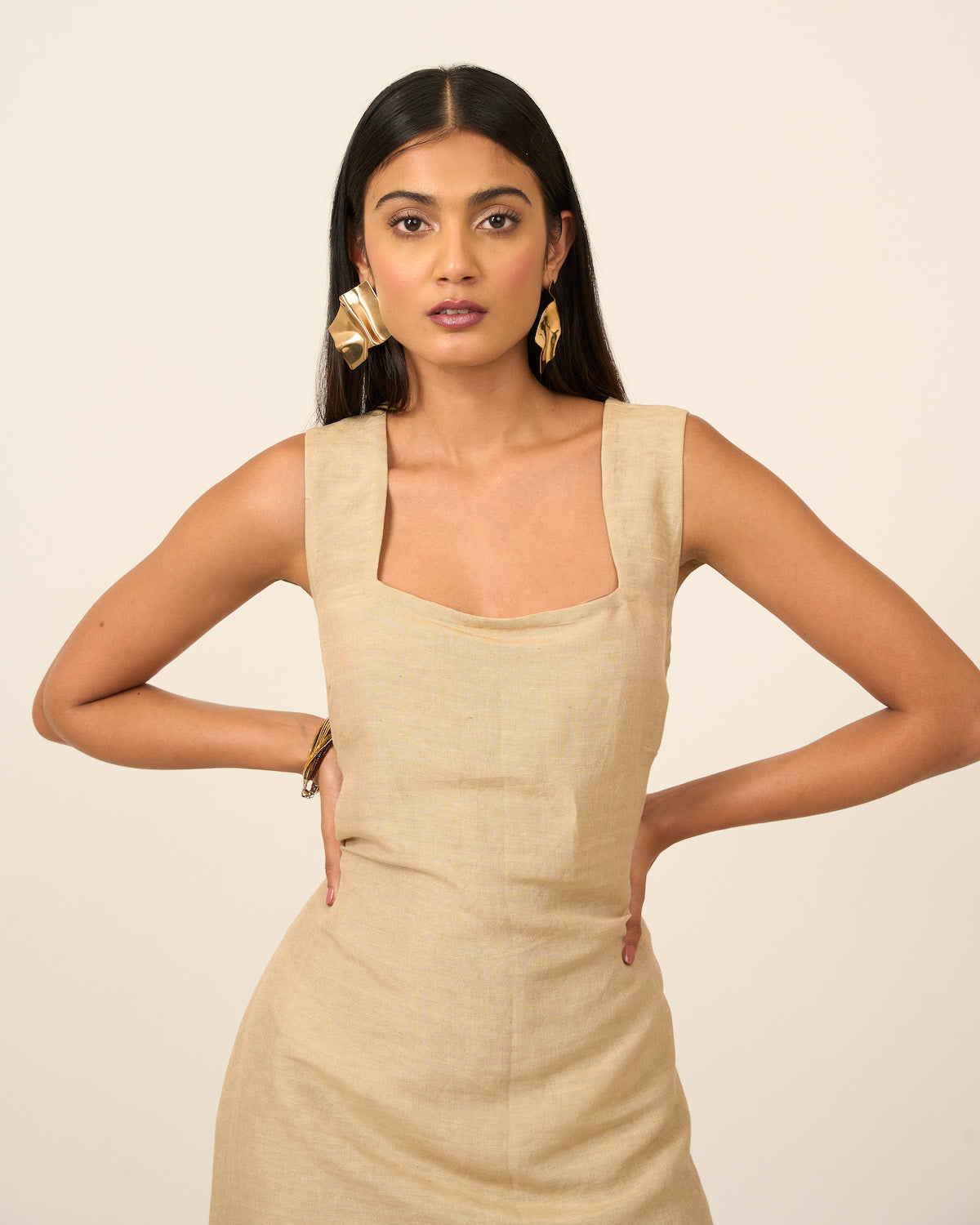 Sand Linen Midi Dress with side slit