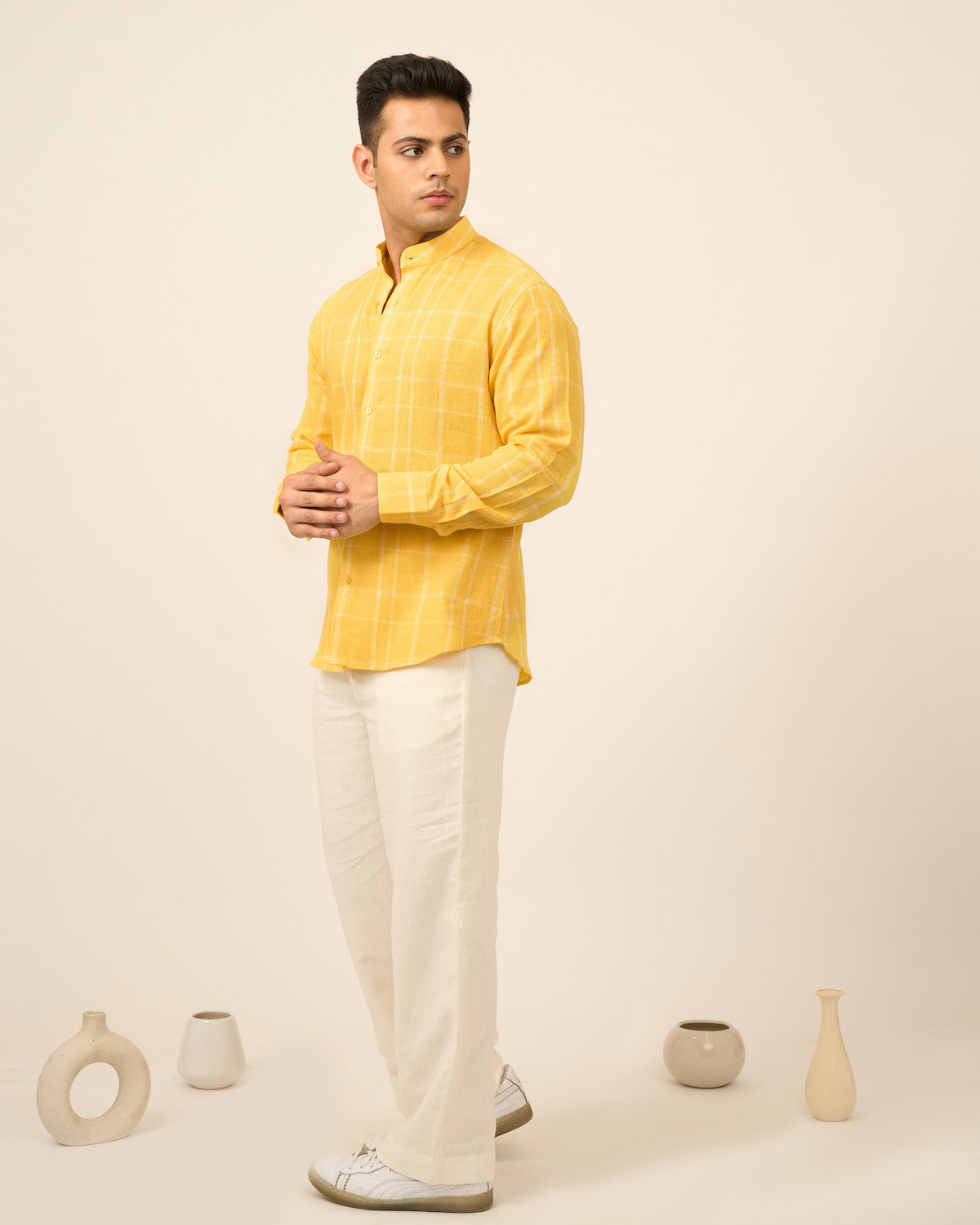 Yellow Checkered Linen Men's Shirt