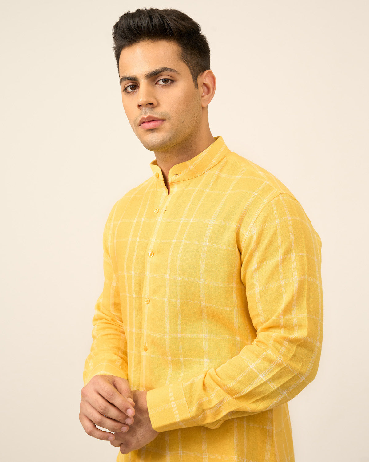 Yellow Checkered Linen Men's Shirt