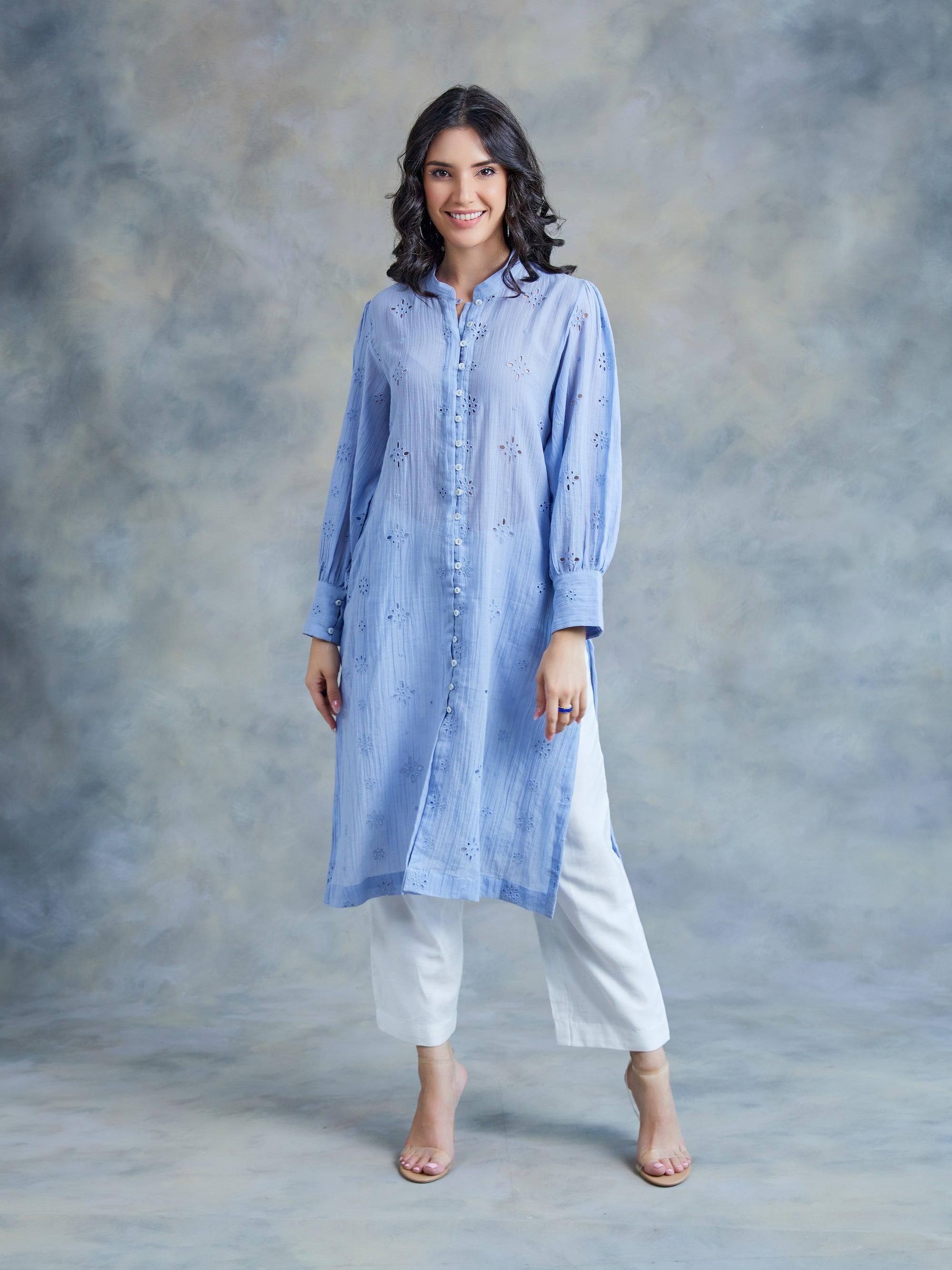 Blue Mulmul Embroidery Cut Work Kurta - Kapaas