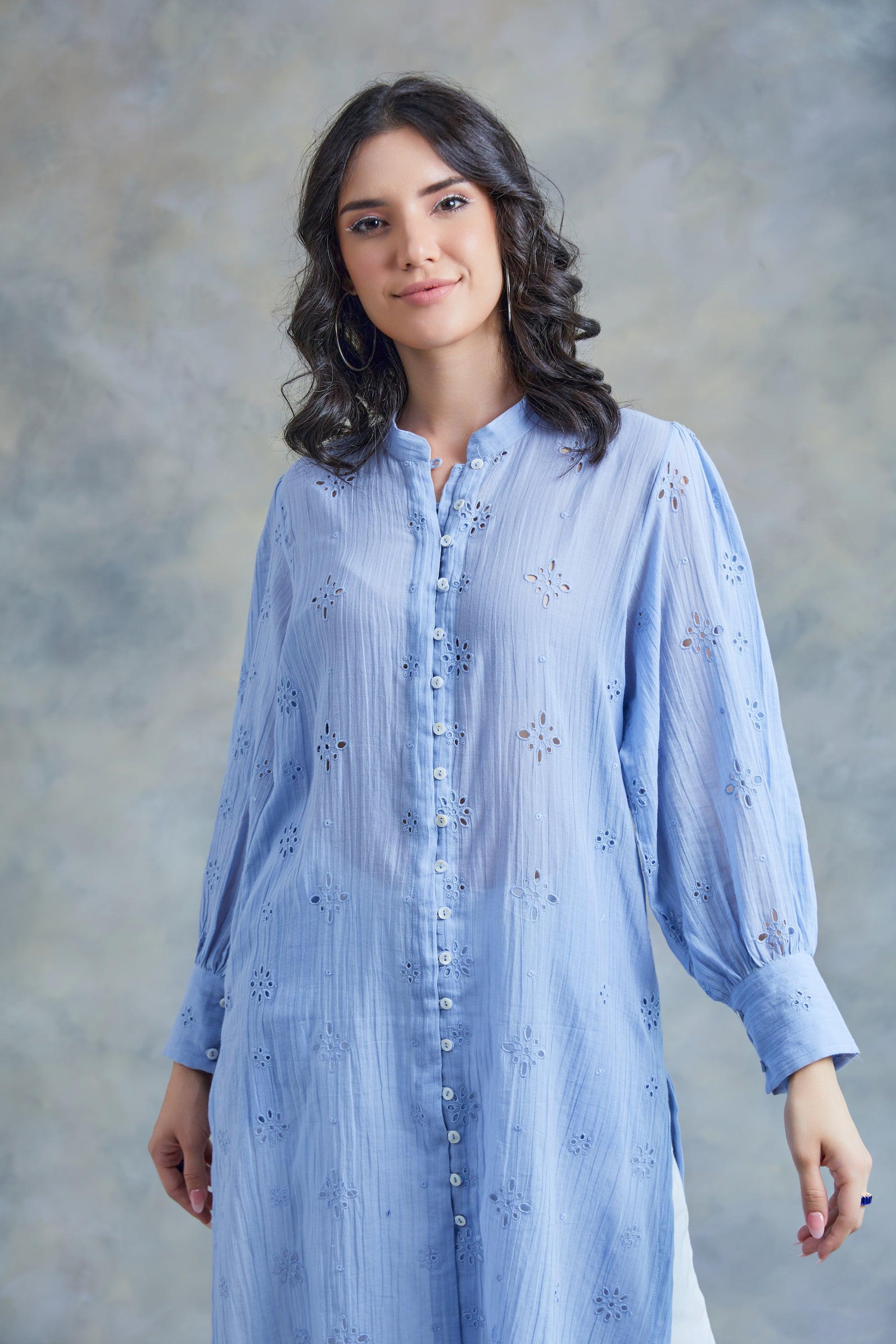 Blue Mulmul Embroidery Cut Work Kurta - Kapaas