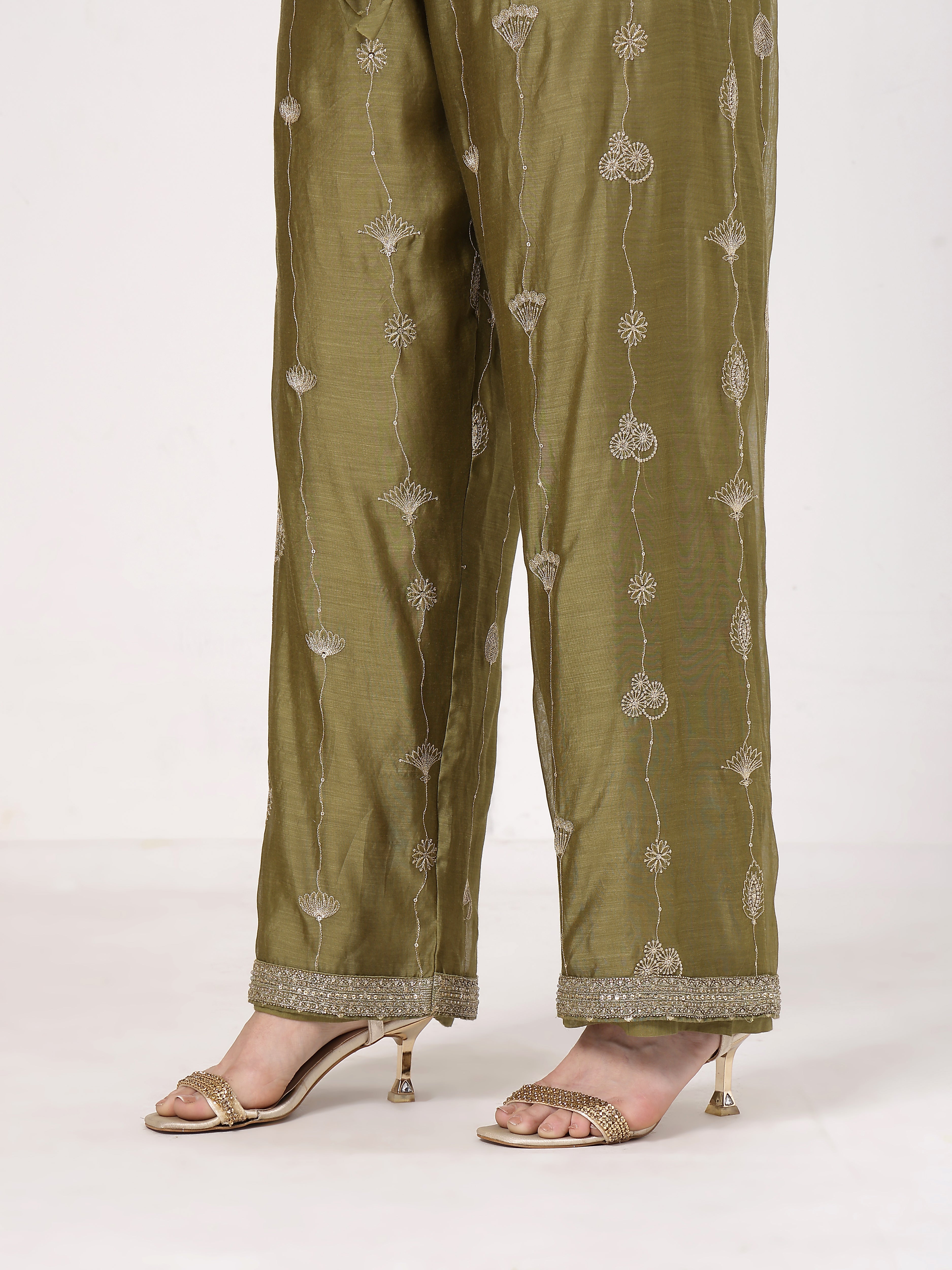 Olive Green Embroidered Suit Set