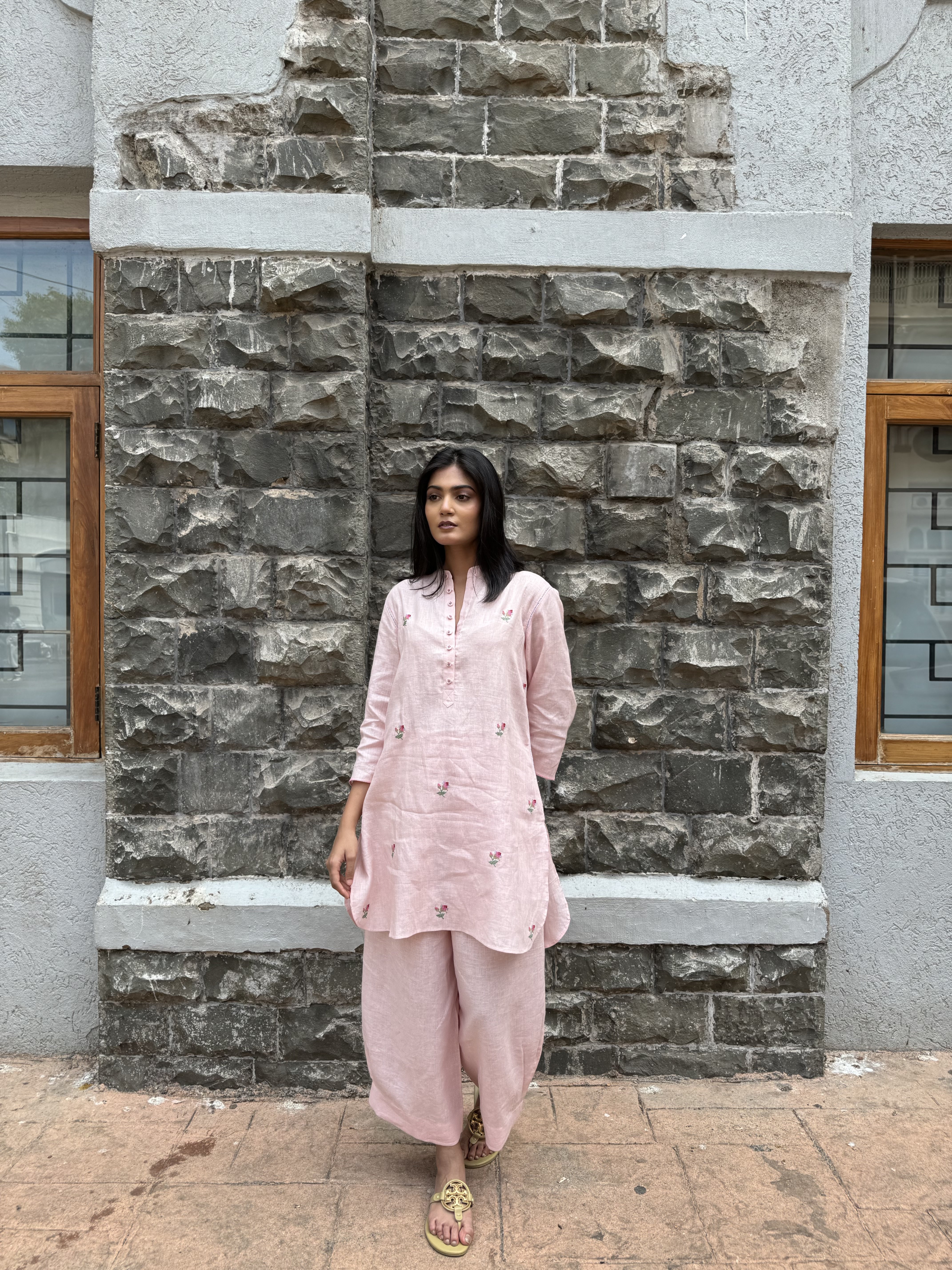 Pink Floral Embroidered Linen Co-ord Set