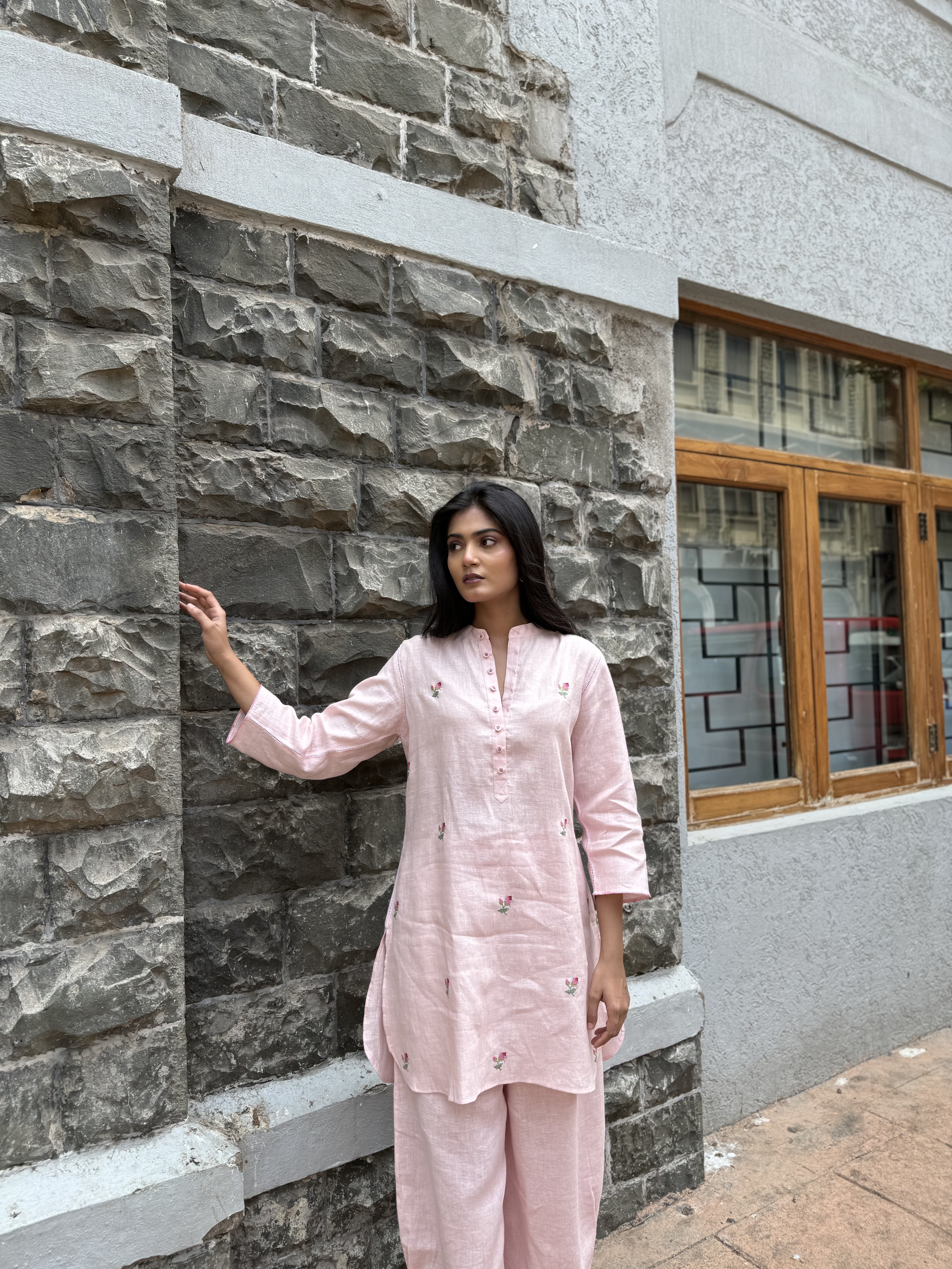 Pink Floral Embroidered Linen Co-ord Set