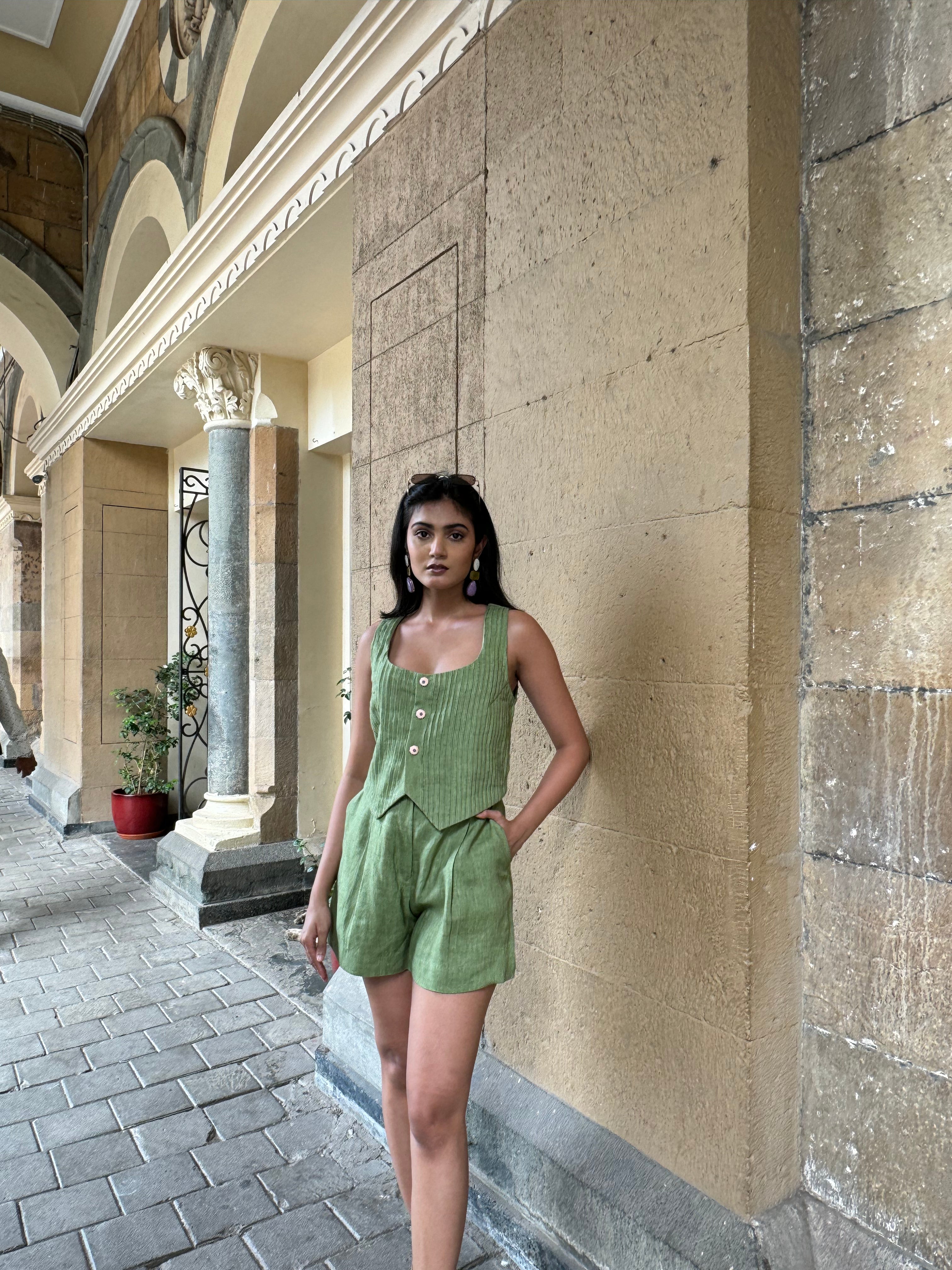 Olive Green Pintuck Vest Set with Shorts