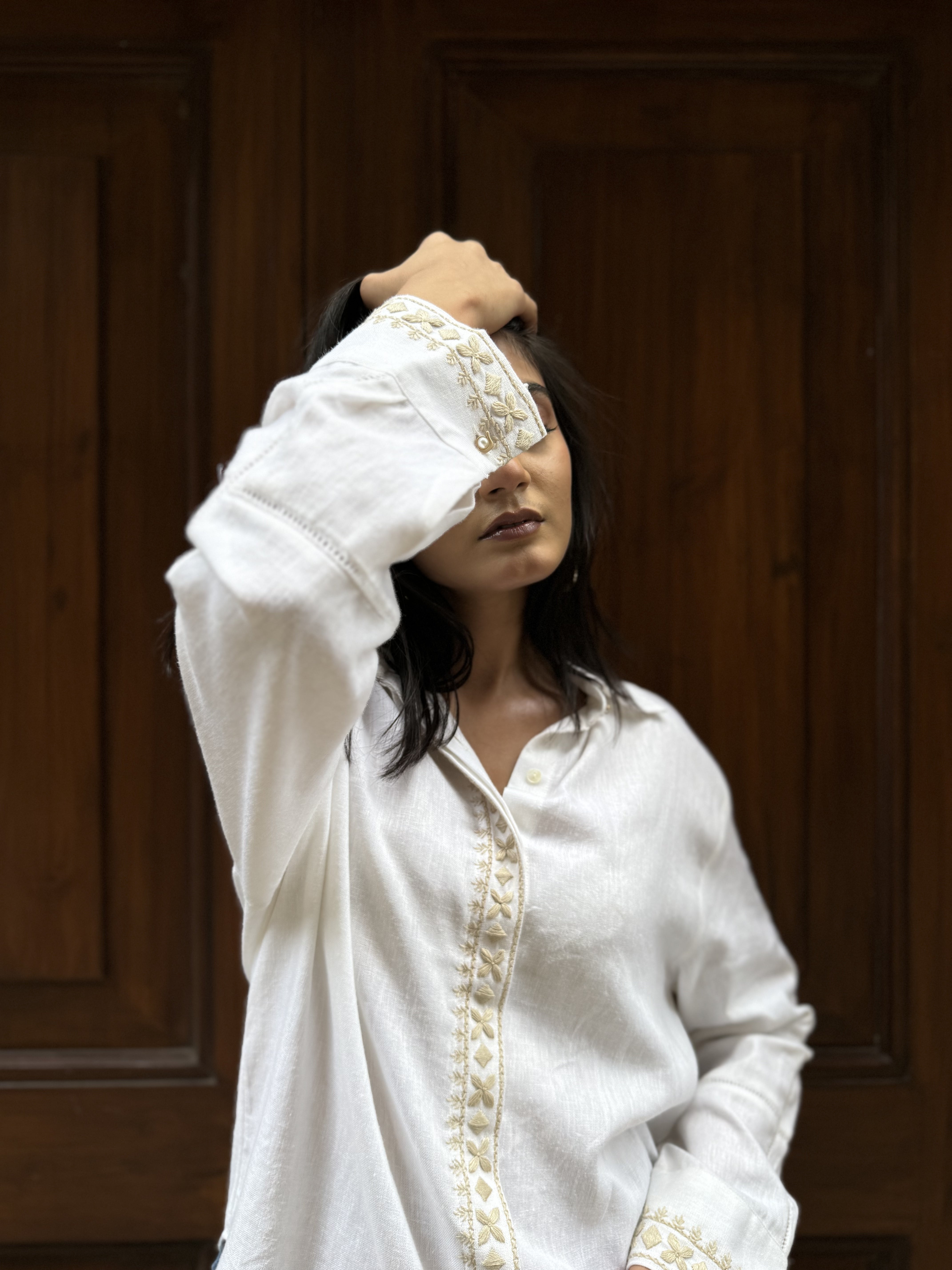 Ivory Linen Shirt with Hand Embroidery