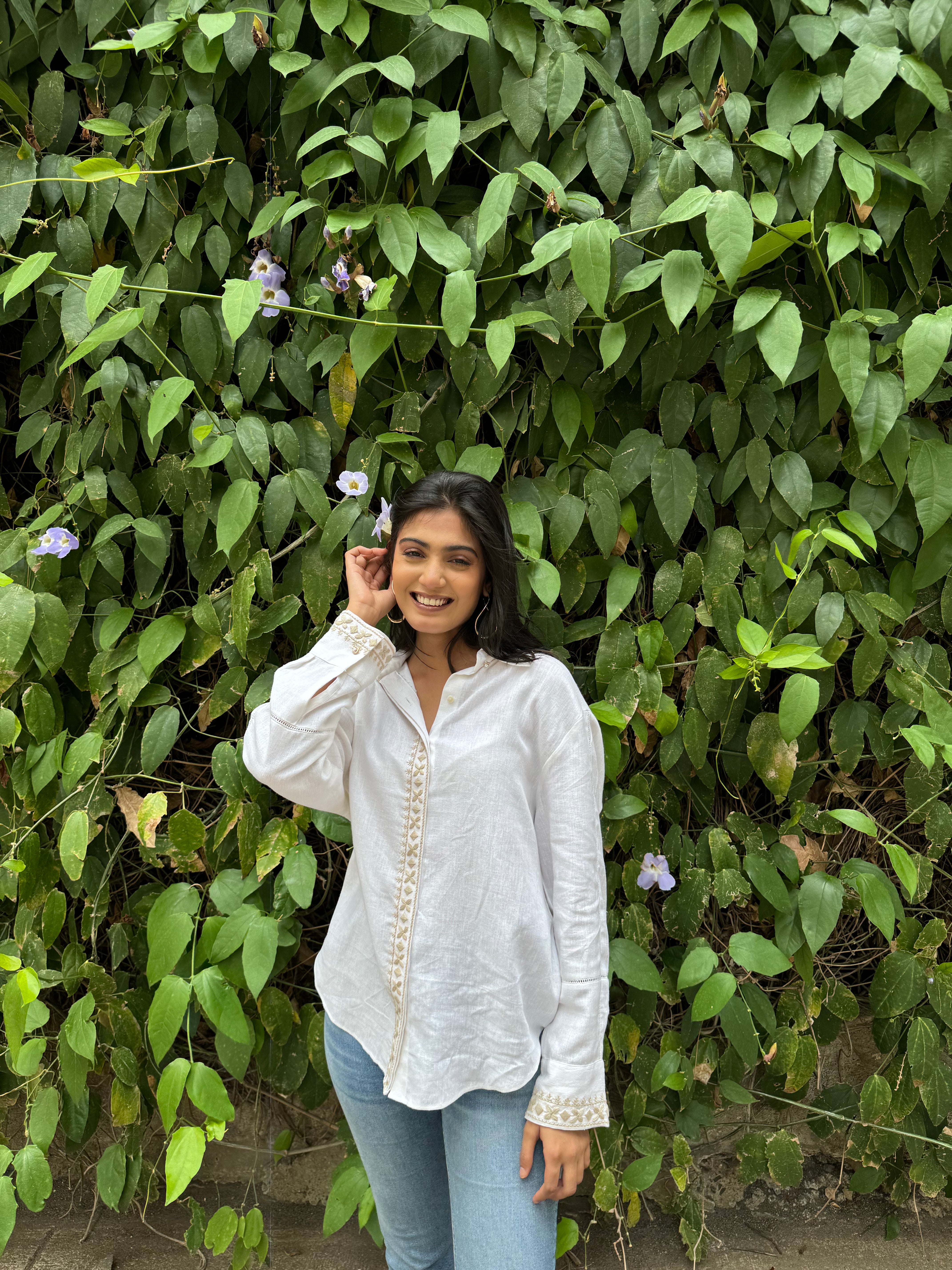 Ivory Linen Shirt with Hand Embroidery