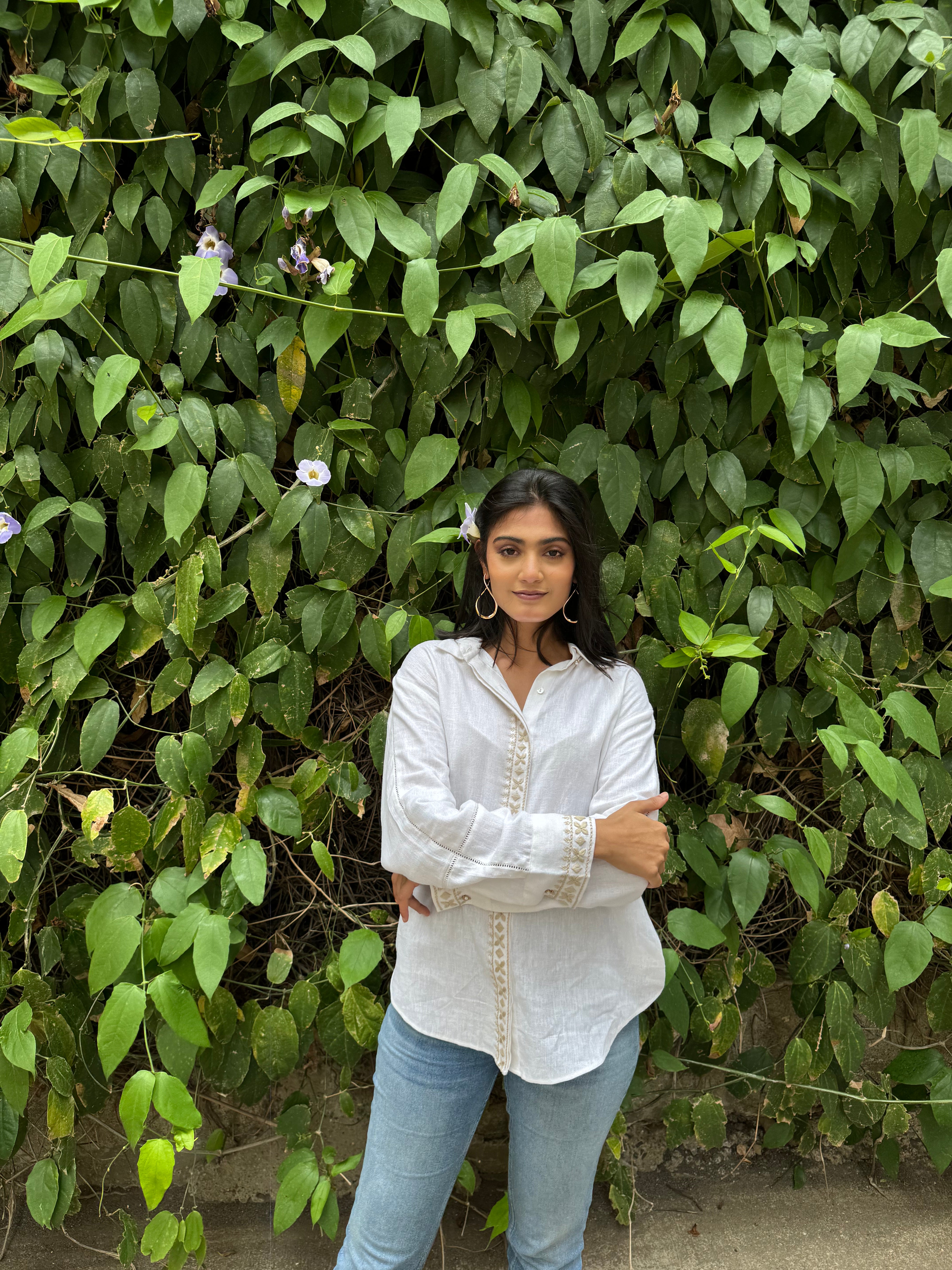 Ivory Linen Shirt with Hand Embroidery