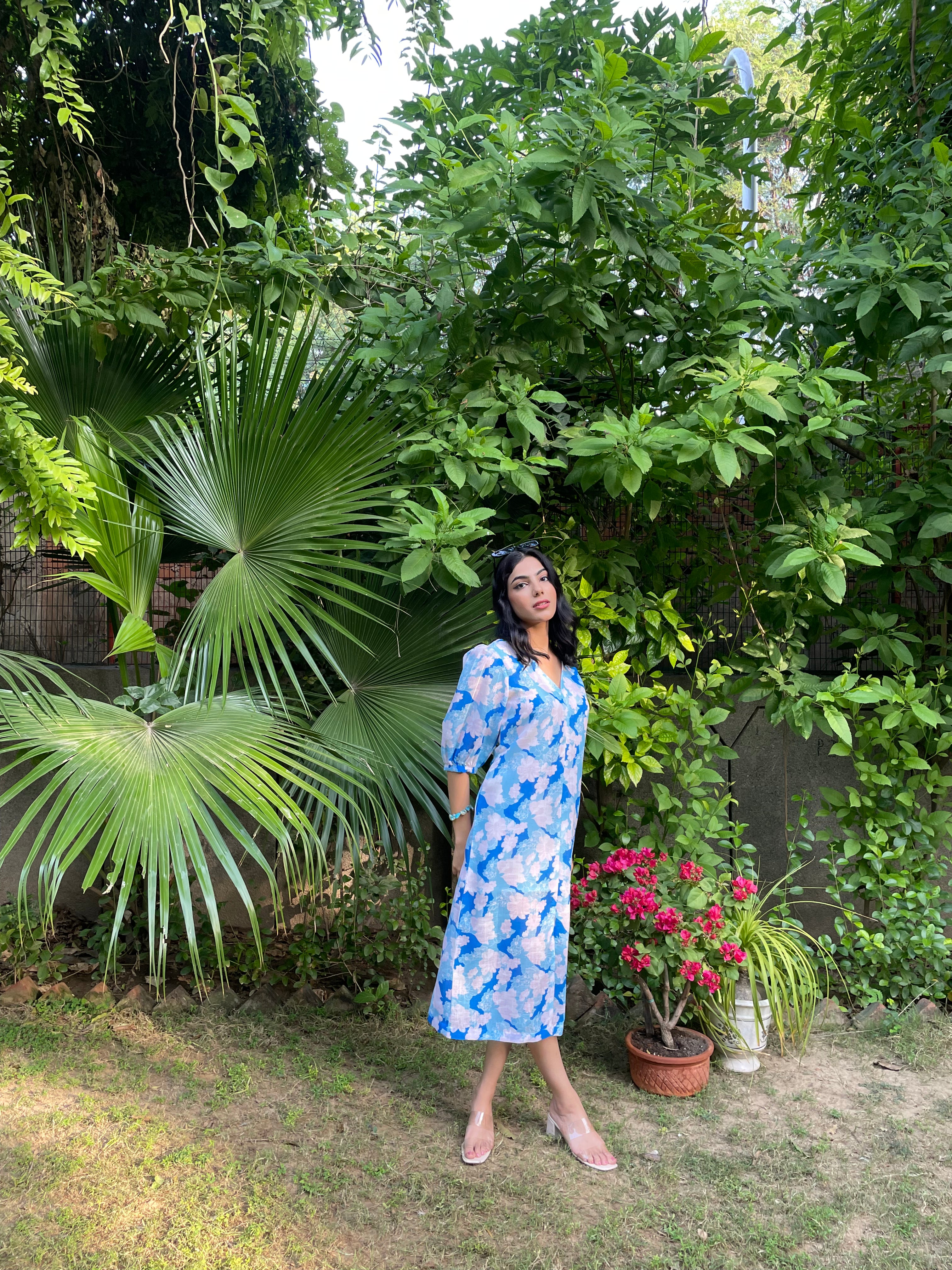 Blue Floral Linen Dress