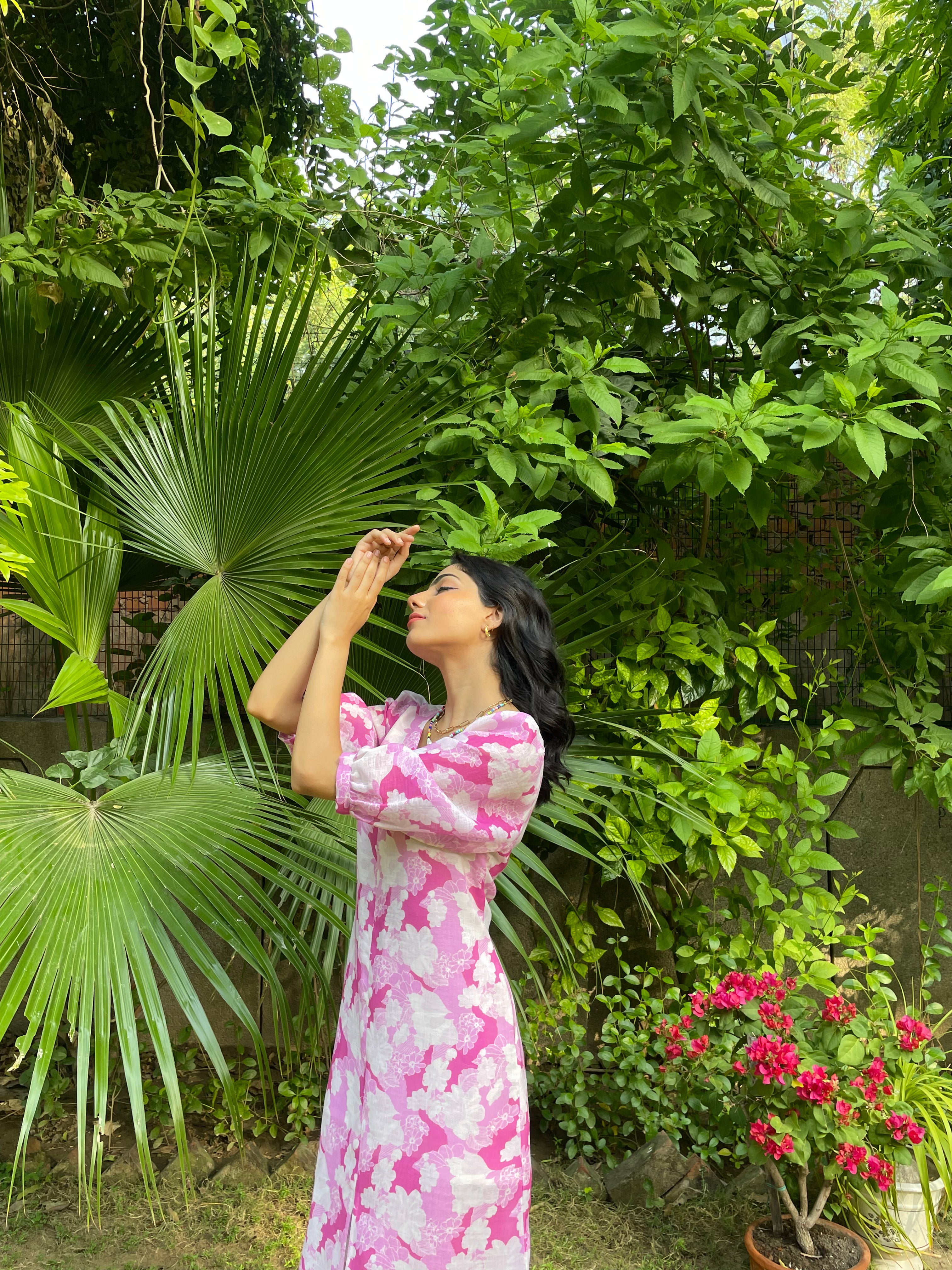 Pink Floral Linen Dress