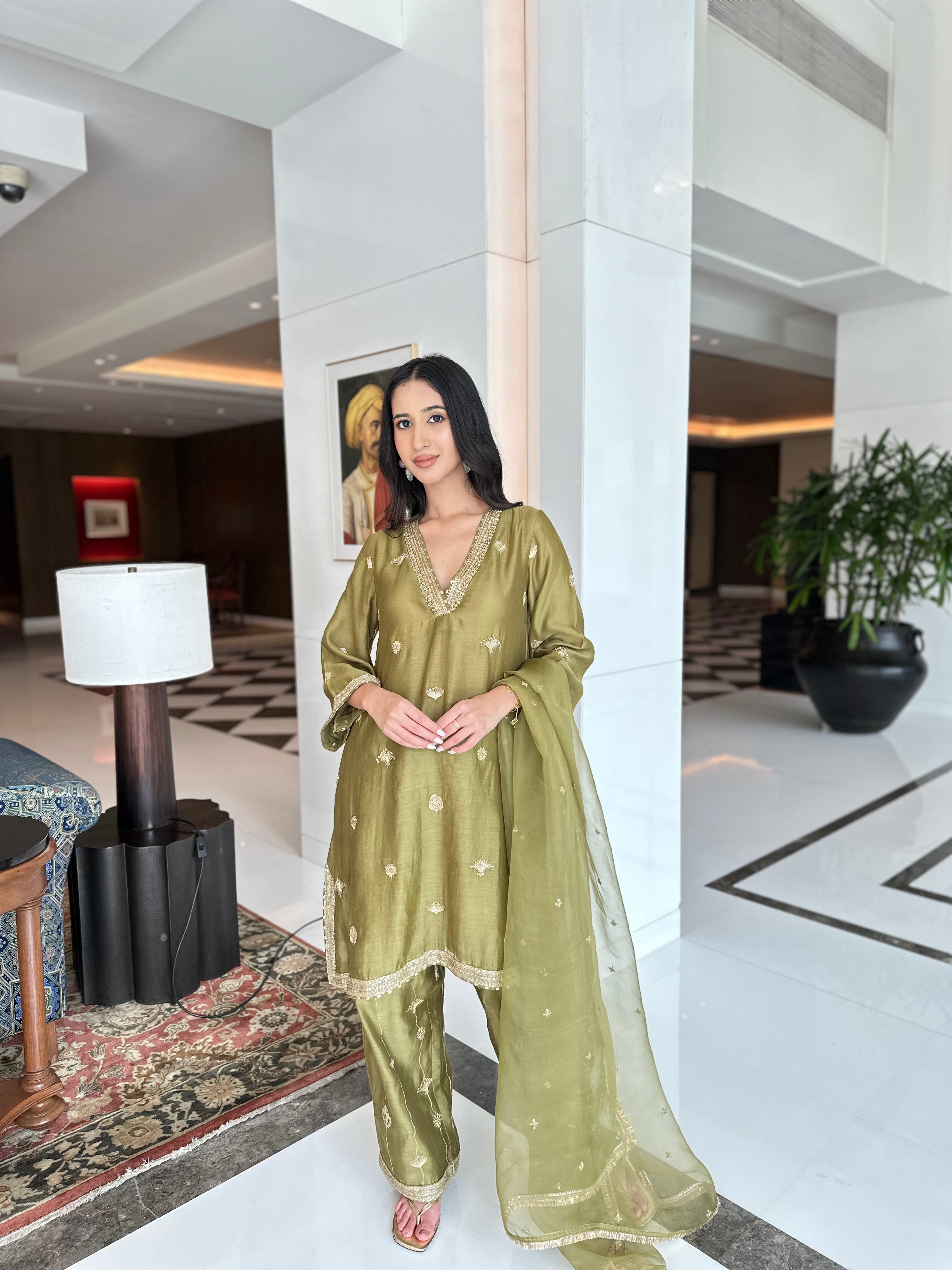 Olive Green Embroidered Suit Set