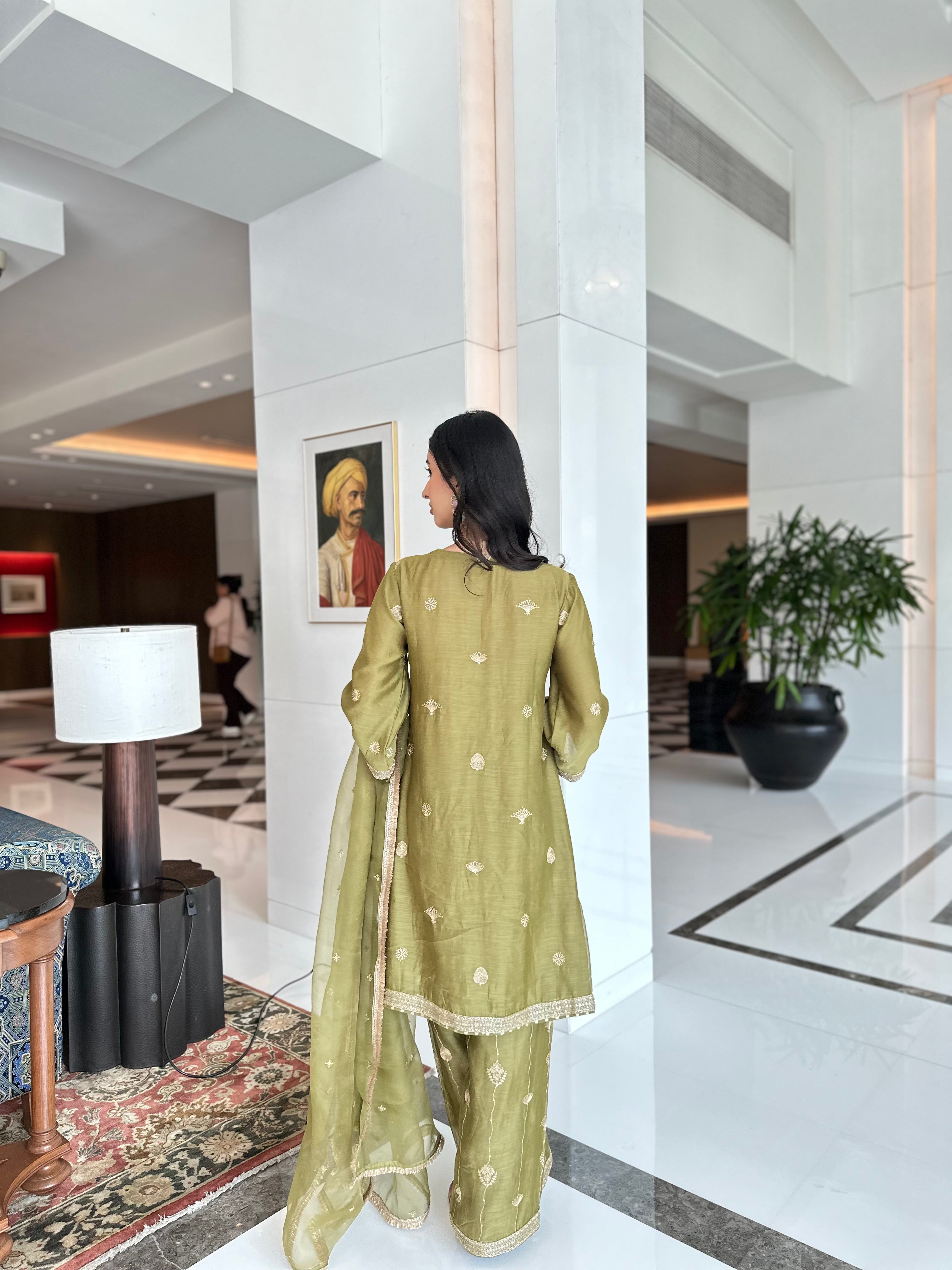Olive Green Embroidered Suit Set
