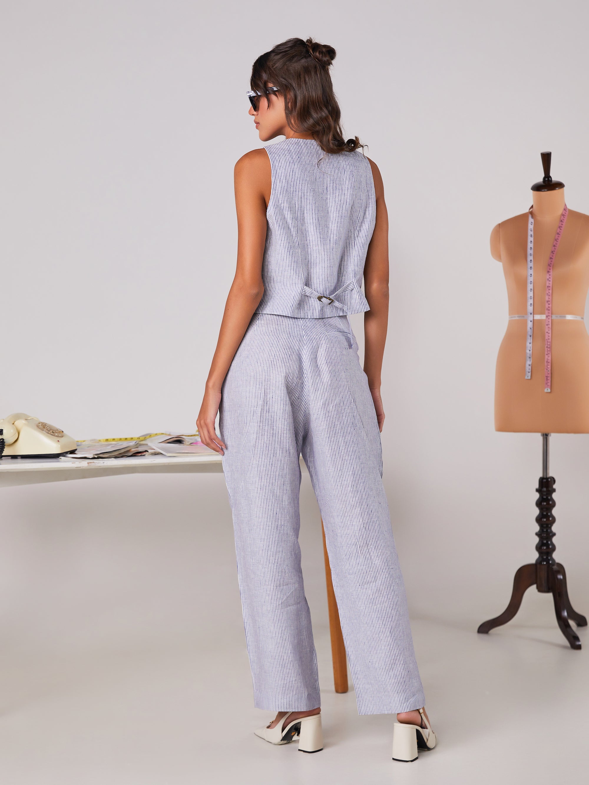 Blue Pinstripe Linen Vest and Pants Set