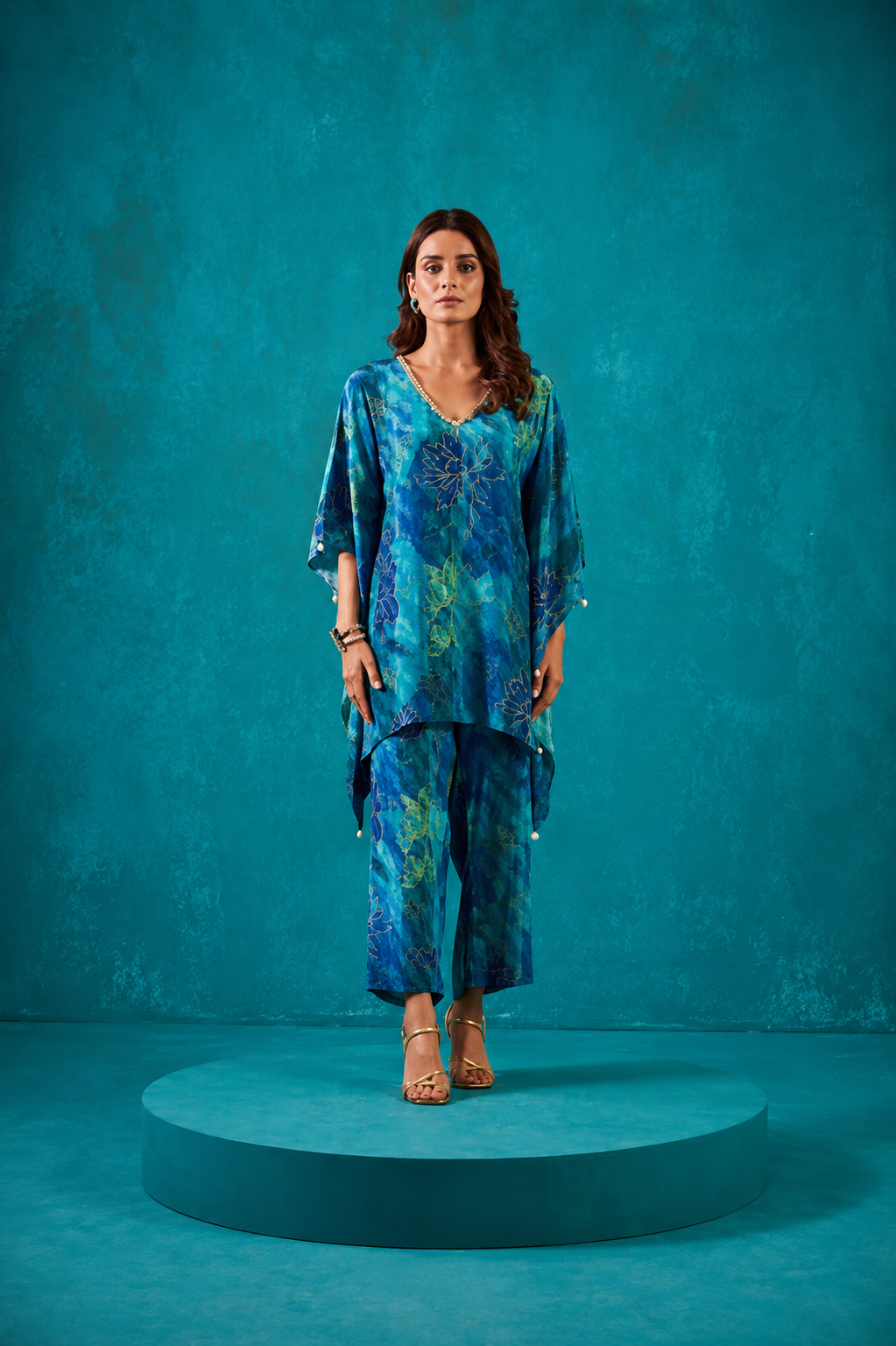 Teal Blue Printed Kaftan Co-Ord Set