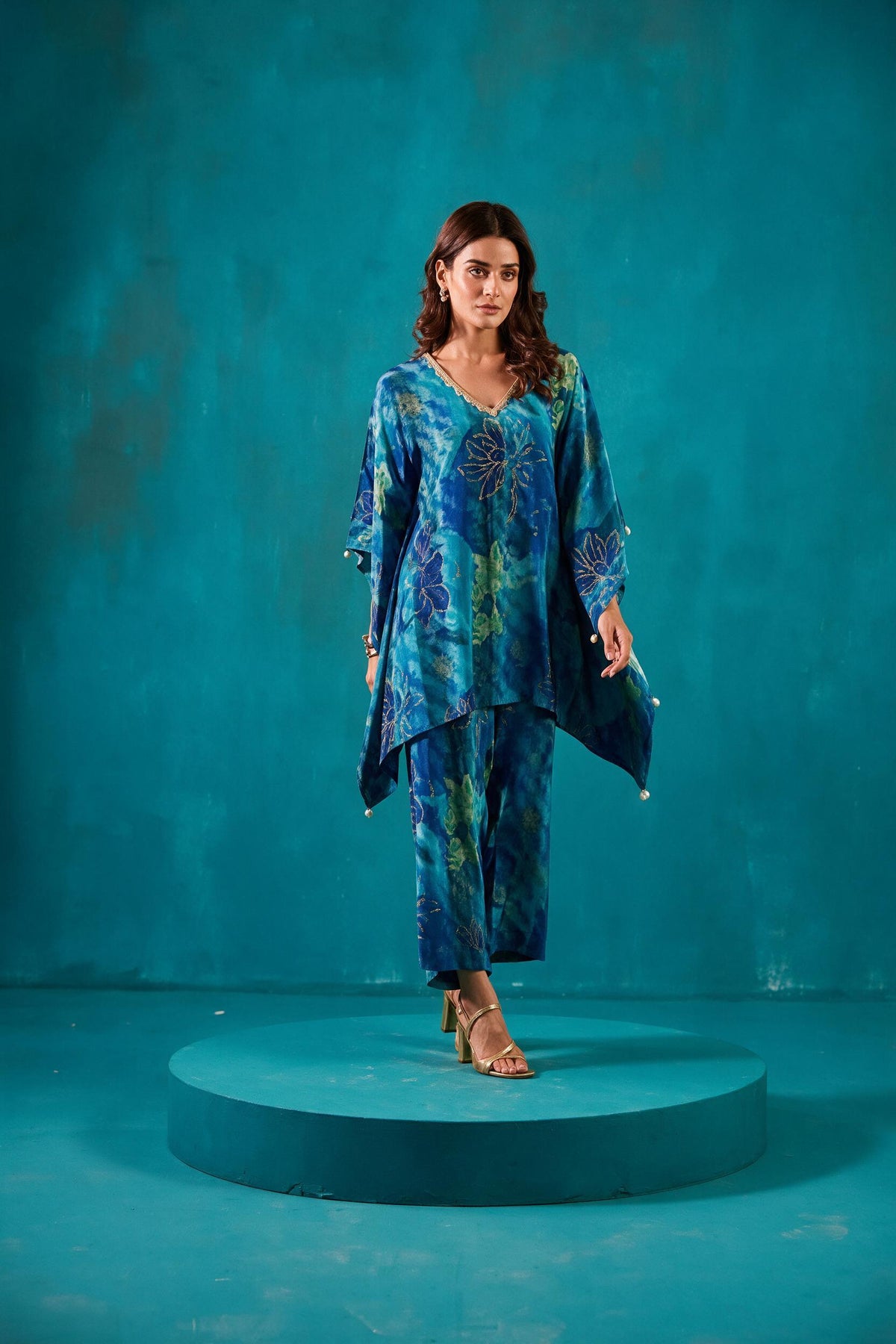 Teal Blue Printed Kaftan Co-Ord Set