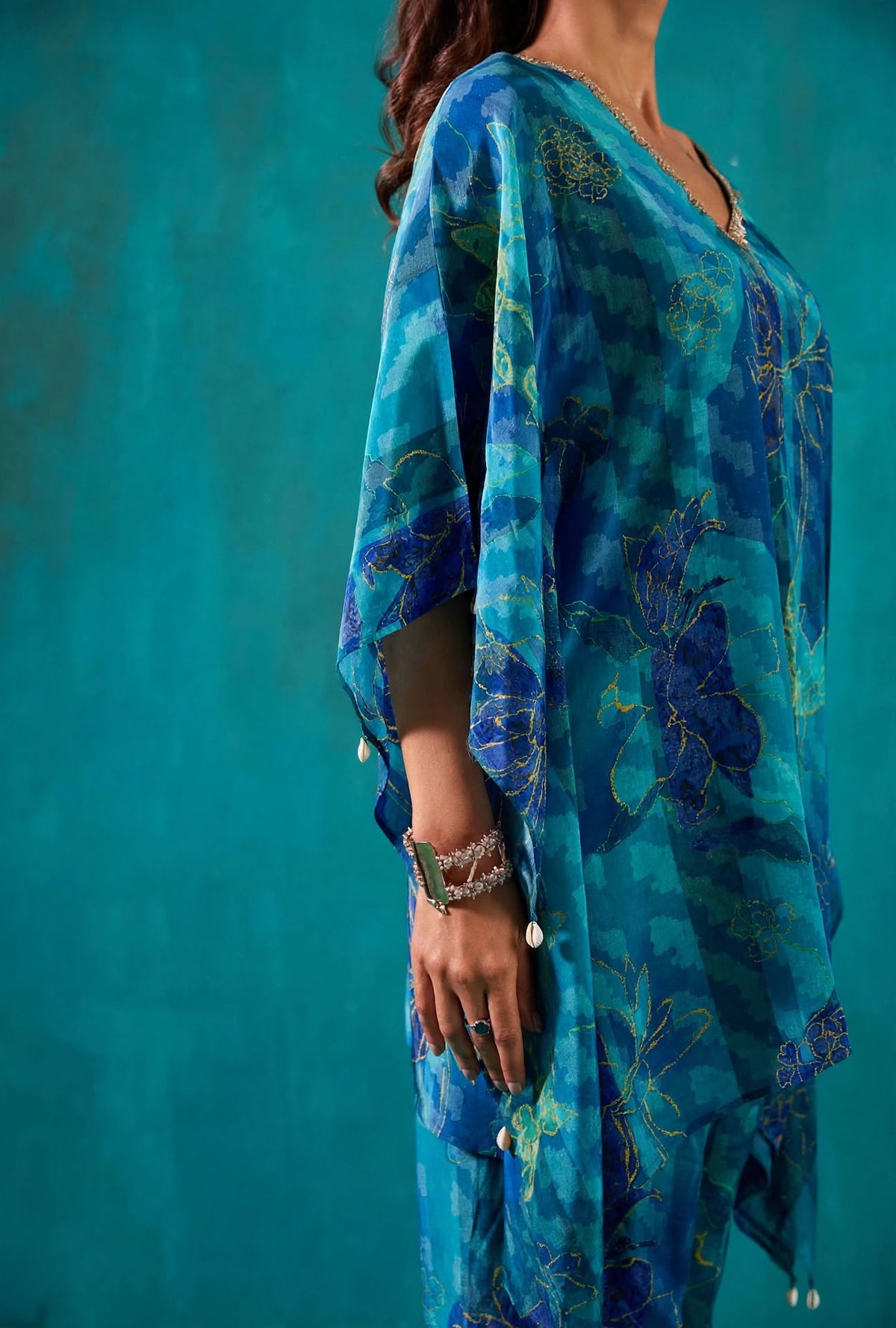 Teal Blue Printed Kaftan Co-Ord Set